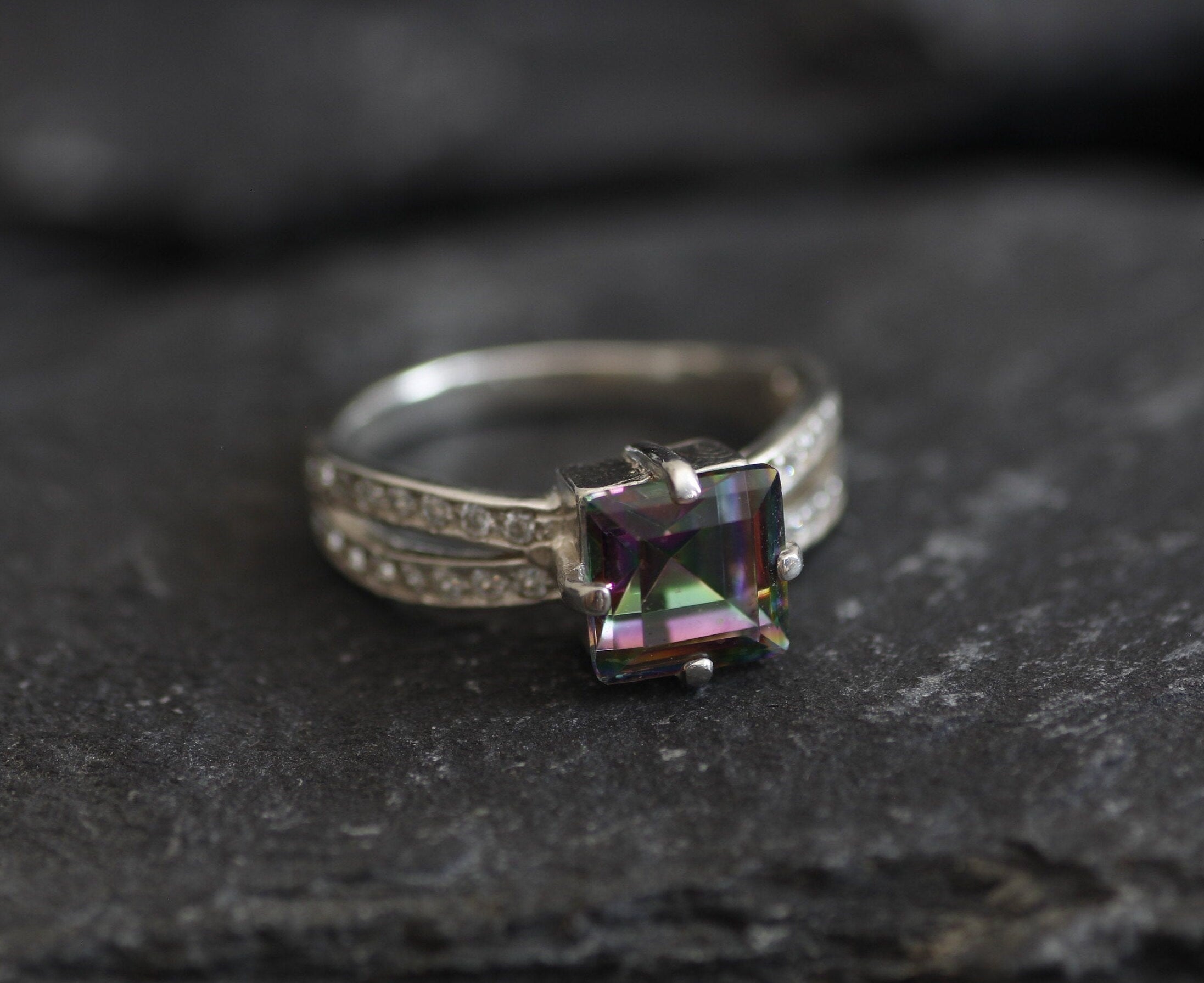 Mystic Topaz Ring, Natural Mystic Topaz, Engagement Ring, Antique Ring, Princess Cut Ring, Solitaire Ring, 3 Carat Ring, Solid Silver Ring