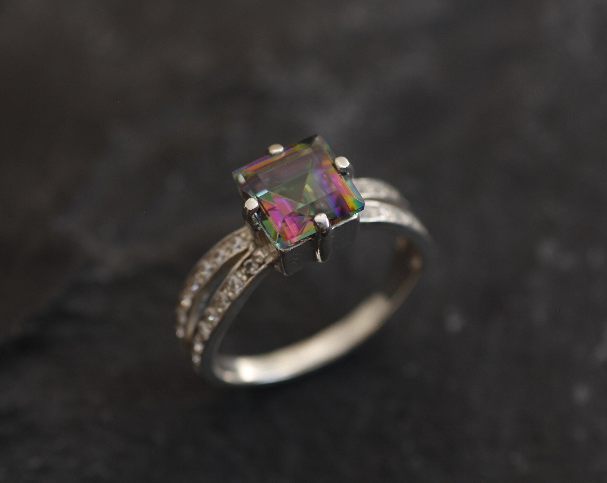 Mystic Topaz Ring, Natural Mystic Topaz, Engagement Ring, Antique Ring, Princess Cut Ring, Solitaire Ring, 3 Carat Ring, Solid Silver Ring