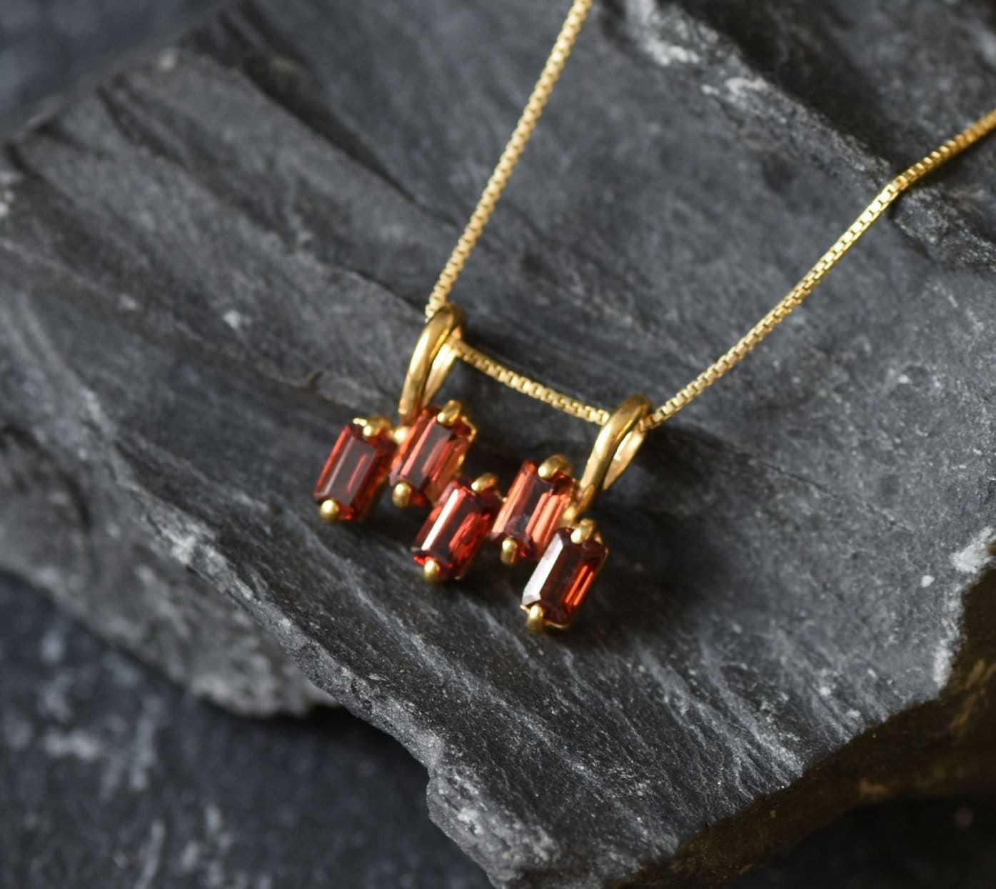 Garnet Pendant, Natural Garnet, January Birthstone, Emerald Cut Pendant, Red Pendant, Baguette Pendant, Red Dainty Pendant, January Pendant(1)