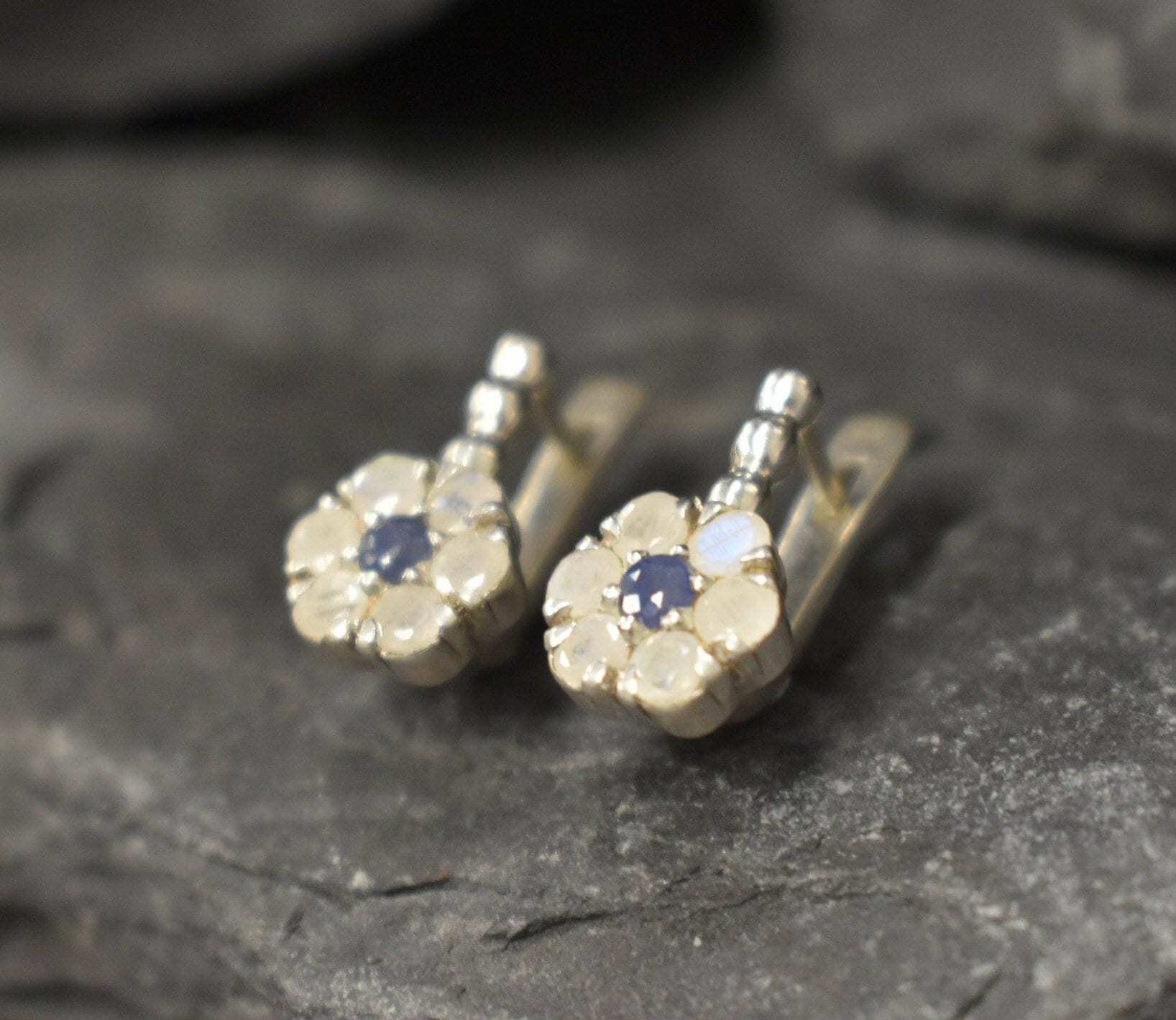 Daisy Moonstone Earrings - Rainbow Moonstone Earrings - White Flower Studs made in 925 Sterling Silver. Ideal for everyday wear and perfect for birthday gifting and special occasions.