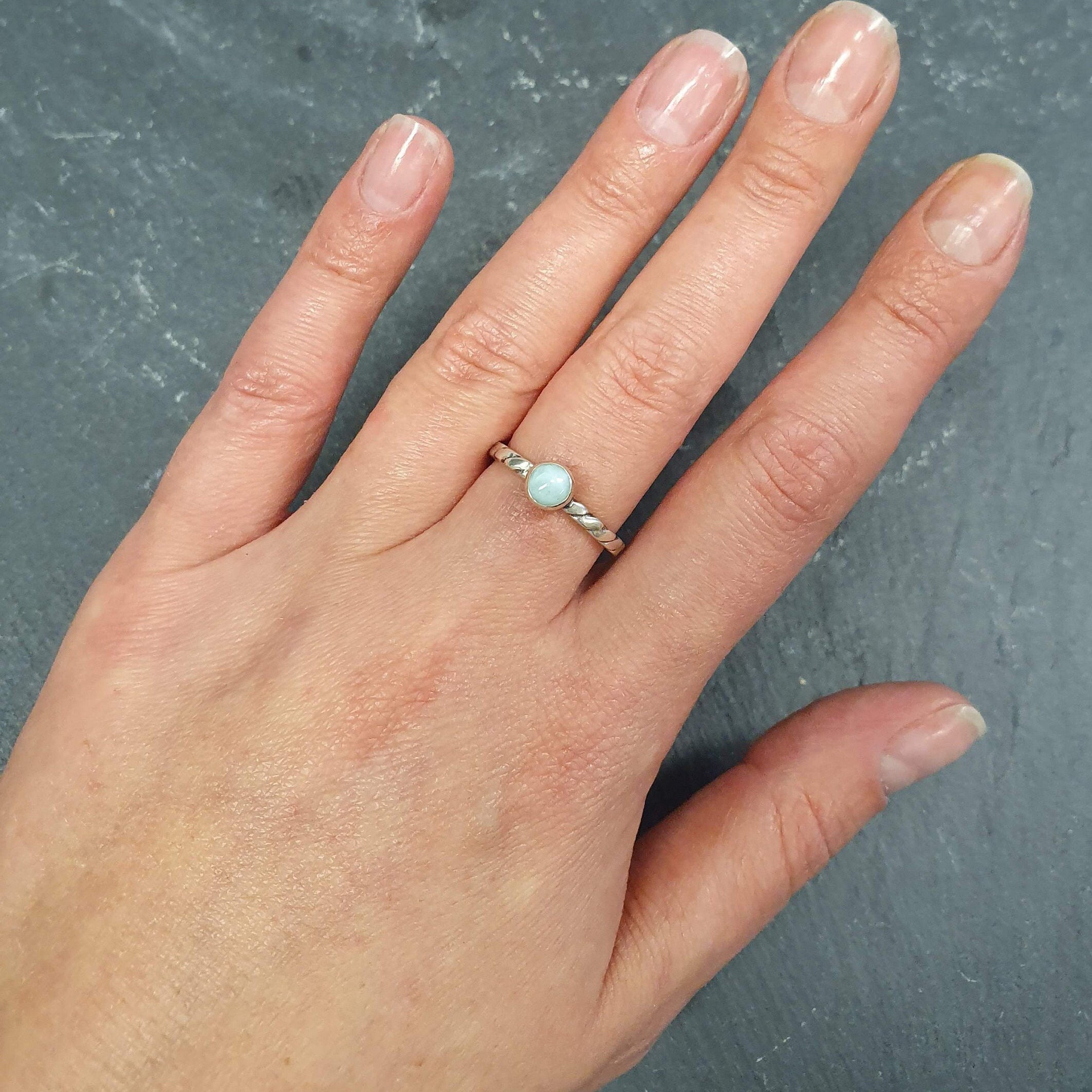 Larimar Ring, Natural Larimar, Sky Blue Ring, Dainty Blue Ring, Solitaire Ring, Stackable Ring, Intertwined Rope Band, Solid Silver Ring