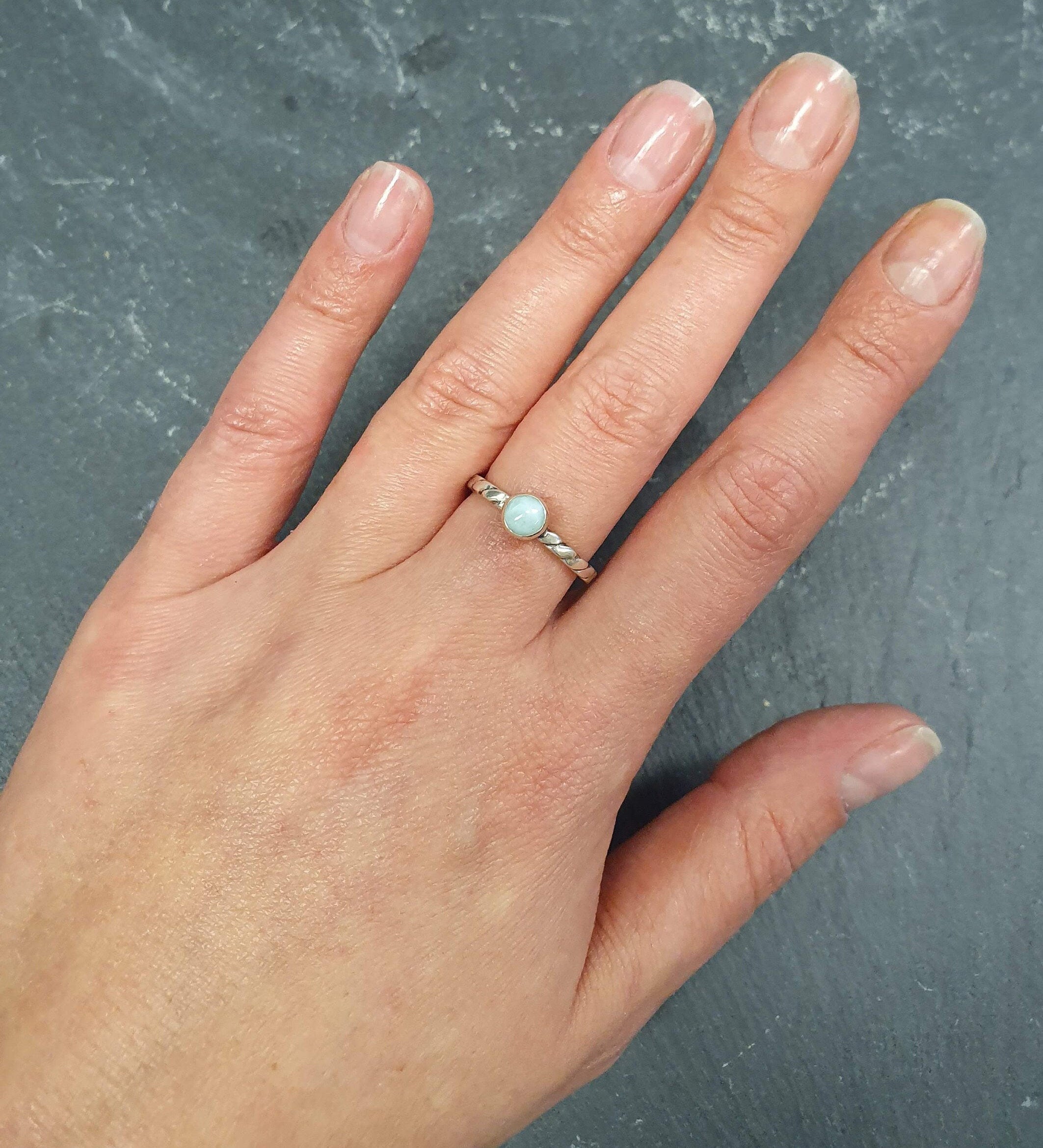 Larimar Ring, Natural Larimar, Sky Blue Ring, Dainty Blue Ring, Solitaire Ring, Stackable Ring, Intertwined Rope Band, Solid Silver Ring