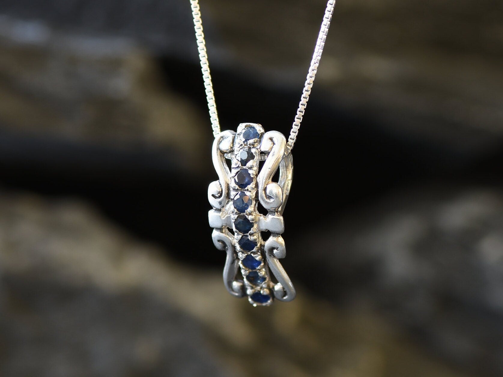 Blue Tiara Pendant - Natural Sapphire Necklace, Long Crown Pendant made in 925 Sterling Silver. Ideal for everyday wear and perfect for birthday gifting and special occasions.