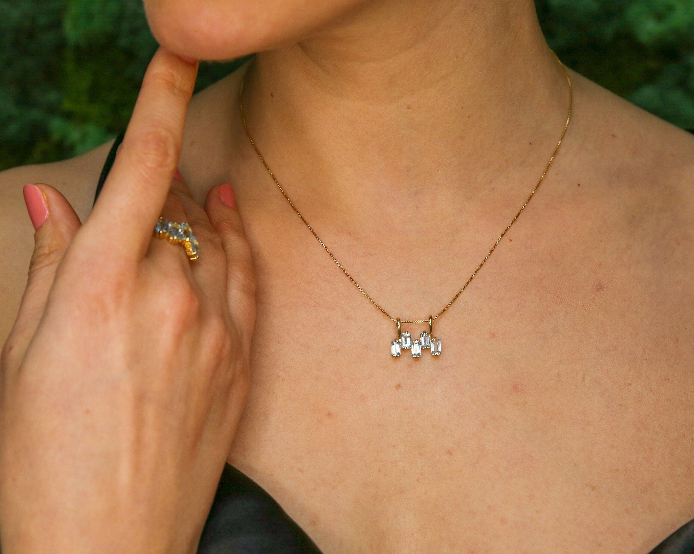 Gold Blue Topaz Pendant, Horizontal Pendant, Natural Blue Topaz, December Birthstone, Baguette Necklace, Blue Pendant, Gold Vermeil Pendant