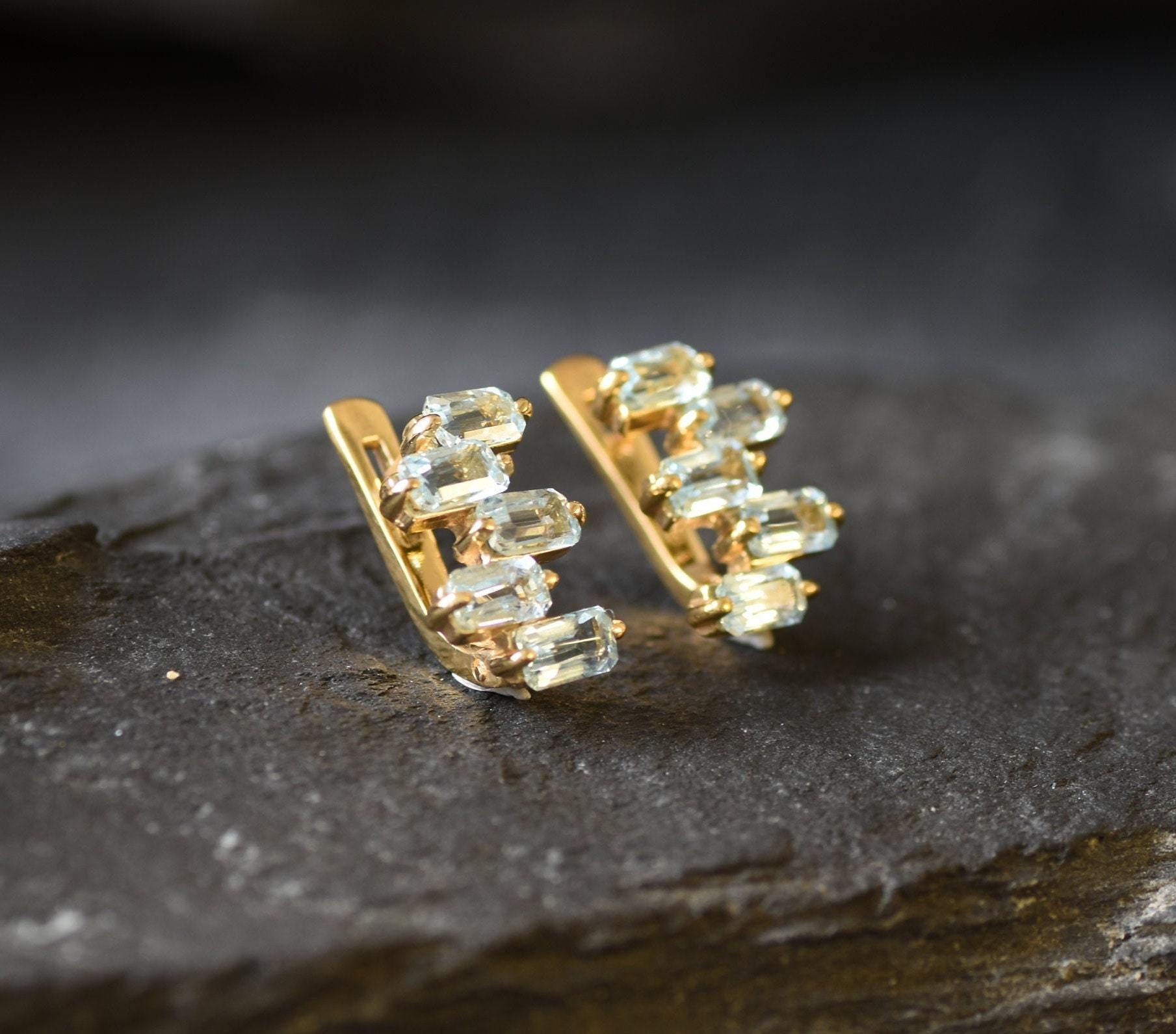 Blue Topaz Earrings, Gold Topaz Studs, Natural Blue Topaz, Baguette Earrings, December Birthstone, Asymmetric Earrings, Geometric Studs