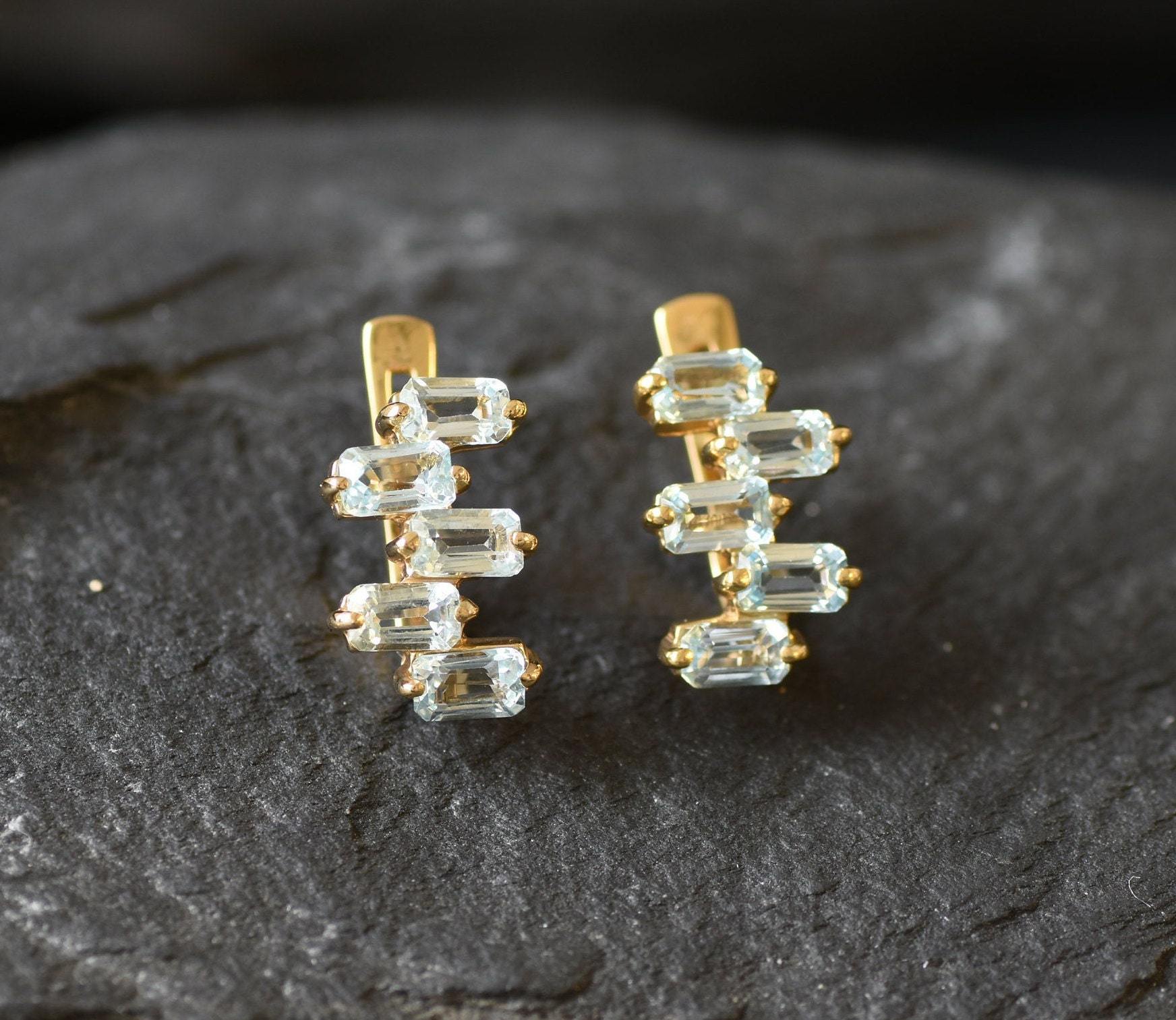 Blue Topaz Earrings, Gold Topaz Studs, Natural Blue Topaz, Baguette Earrings, December Birthstone, Asymmetric Earrings, Geometric Studs