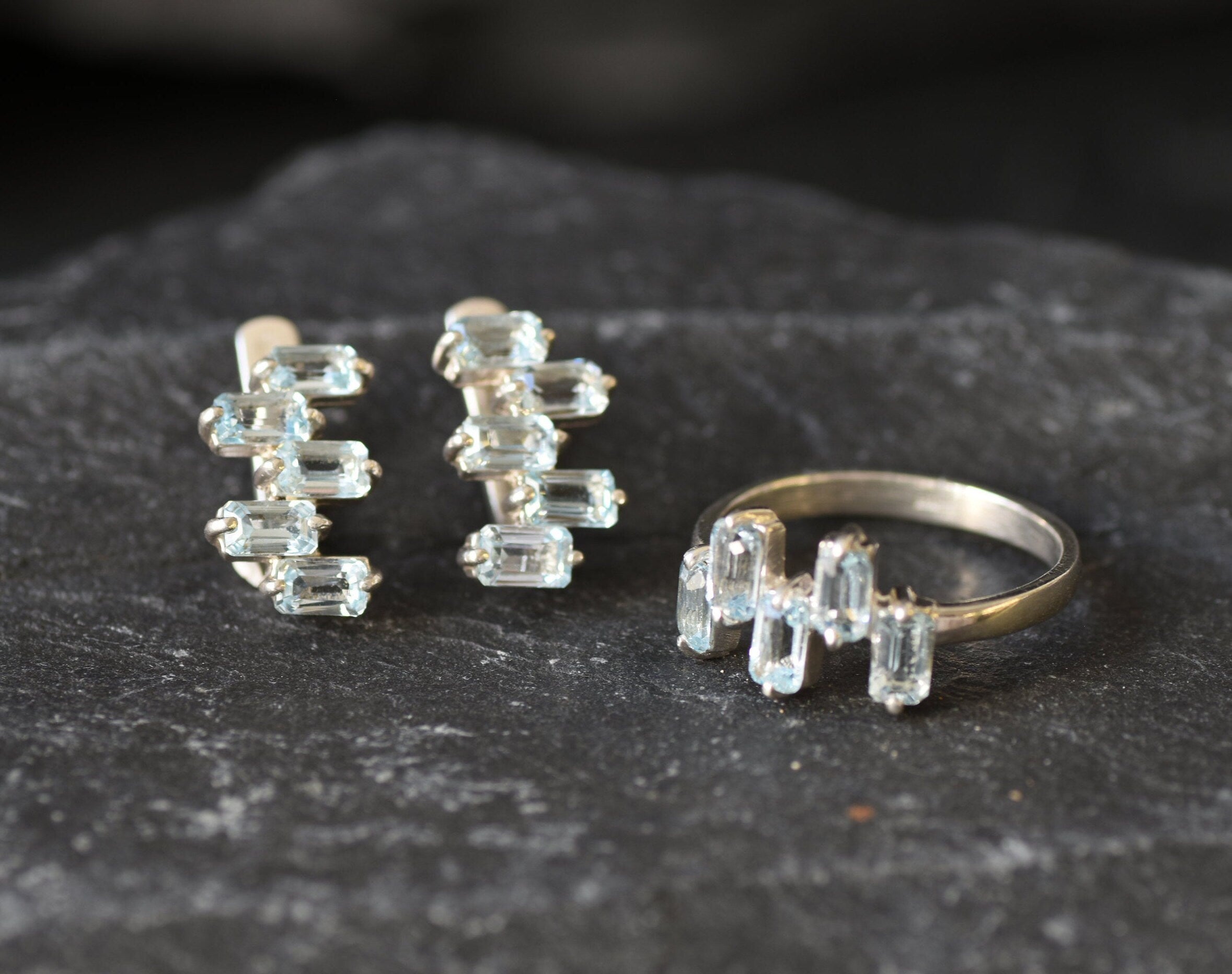 Blue Topaz Earrings, Gold Topaz Studs, Natural Blue Topaz, Baguette Earrings, December Birthstone, Asymmetric Earrings, Geometric Studs(3)