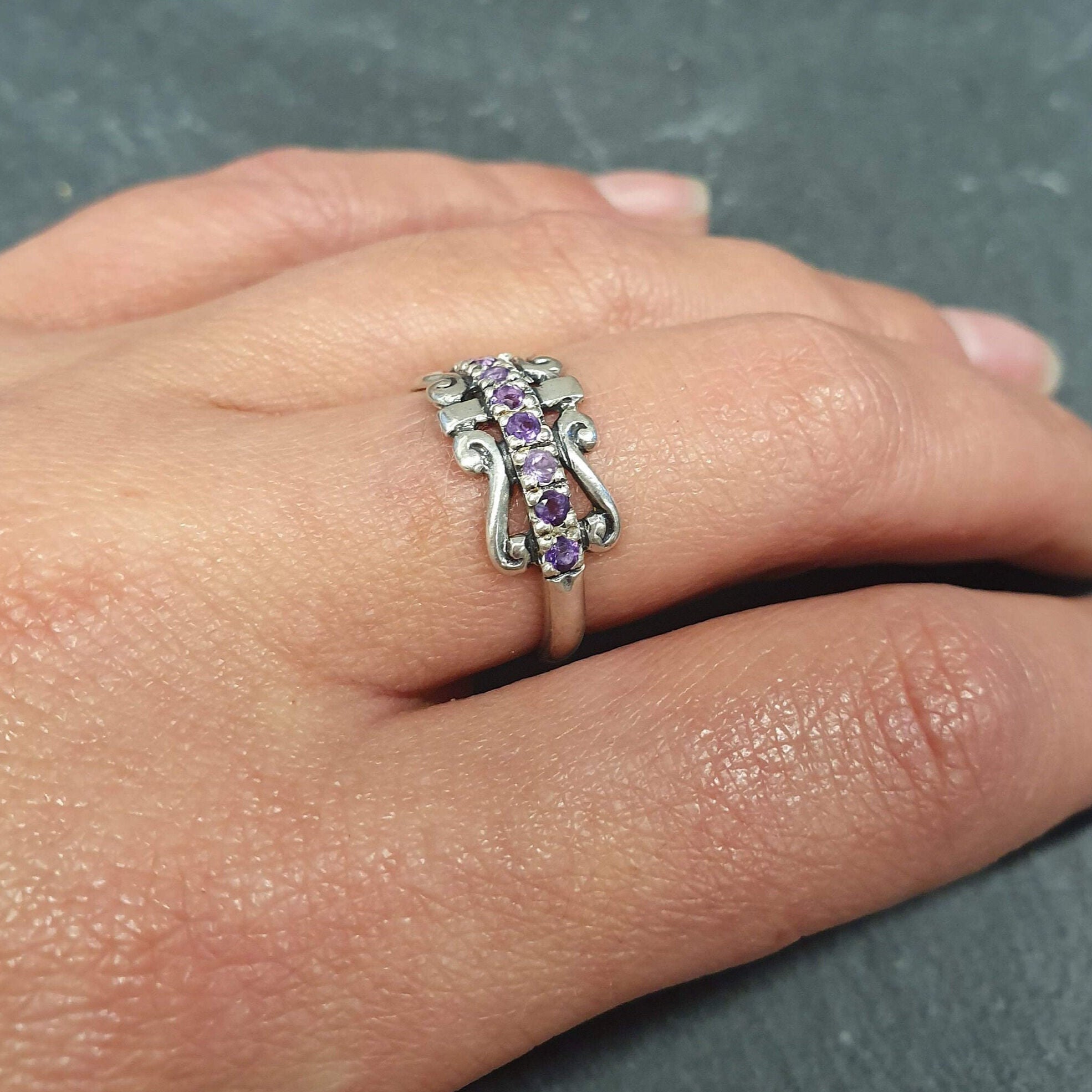 Tiara Band, Natural Amethyst Ring, Crown Ring, February Birthstone, Vintage Ring, Antique Band, Purple Vintage Band, Solid Silver Band