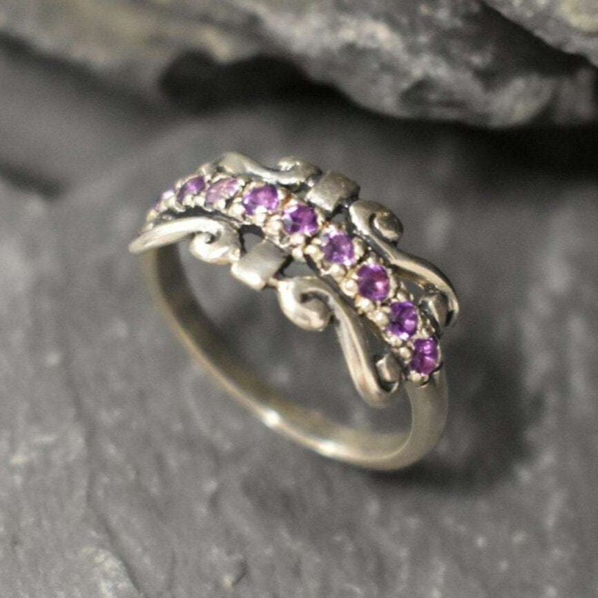 Tiara Band, Natural Amethyst Ring, Crown Ring, February Birthstone, Vintage Ring, Antique Band, Purple Vintage Band, Solid Silver Band