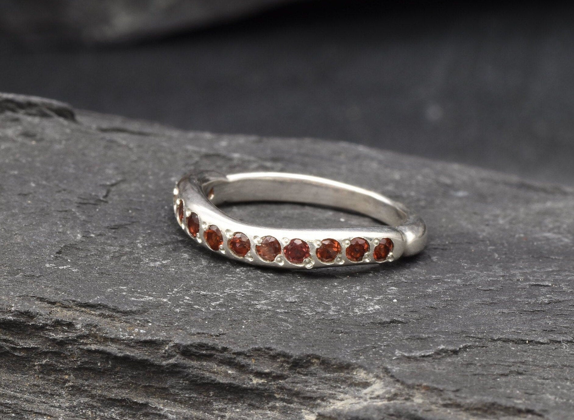 Garnet Band, Curved Ring, Natural Garnet, January Birthstone, Half Eternity Ring, Stackable Ring, Garnet Ring, Wedding Ring, Solid Silver