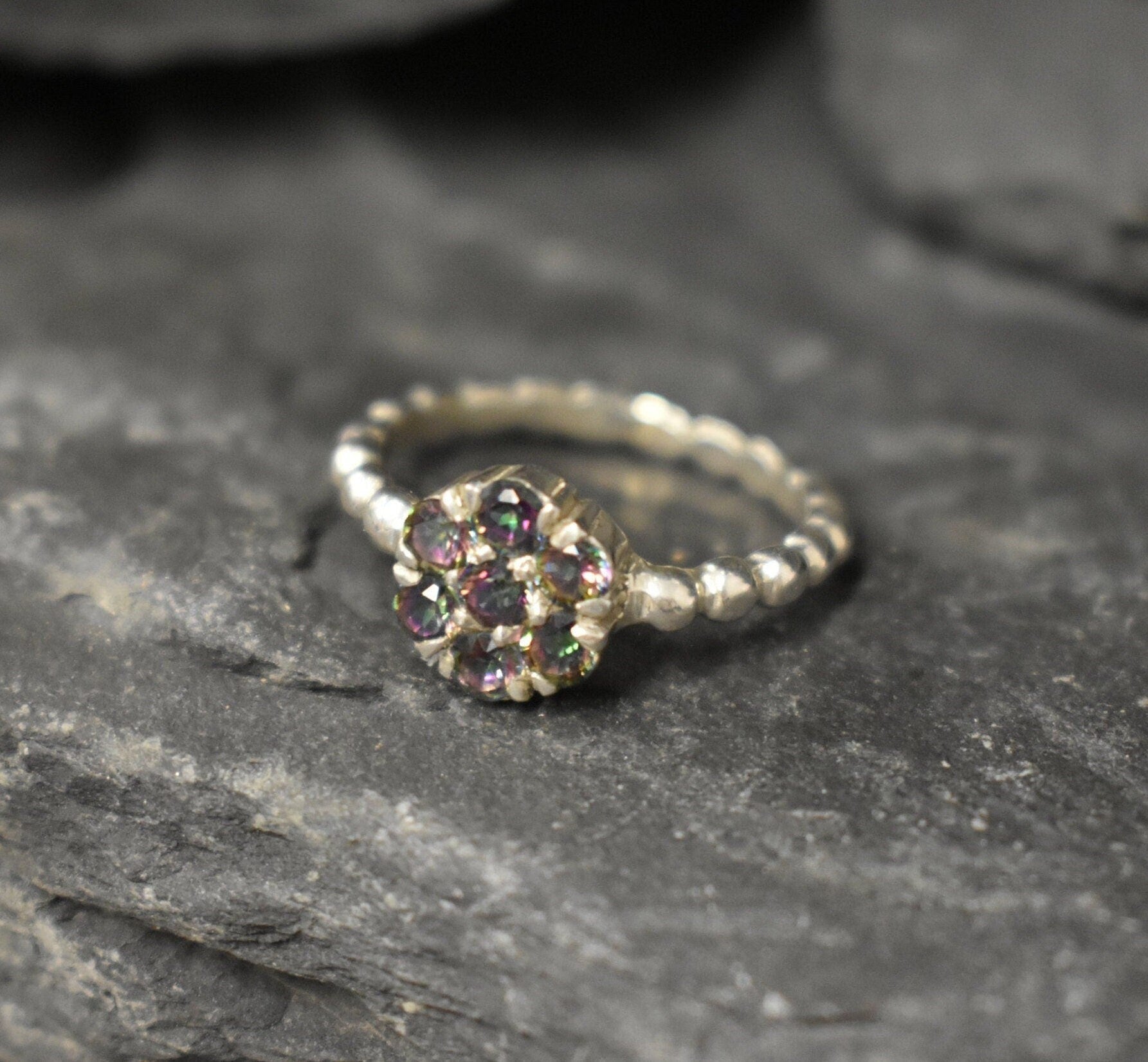 Mystic Topaz Ring, Natural Topaz, December Birthstone, Flower Ring, Vintage Flower Ring, Topaz Ring, Purple Diamond Ring, Solid Silver Ring
