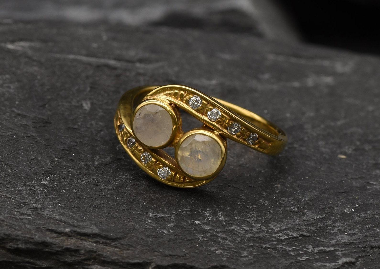 Gold Moonstone Ring, Natural Rainbow Moonstone, Bypass Ring, Christmas Gift Ring, Antique Ring, Two Stone Ring, Vintage Ring, Gold Vermeil