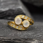 Gold Moonstone Ring, Natural Rainbow Moonstone, Bypass Ring, Christmas Gift Ring, Antique Ring, Two Stone Ring, Vintage Ring, Gold Vermeil