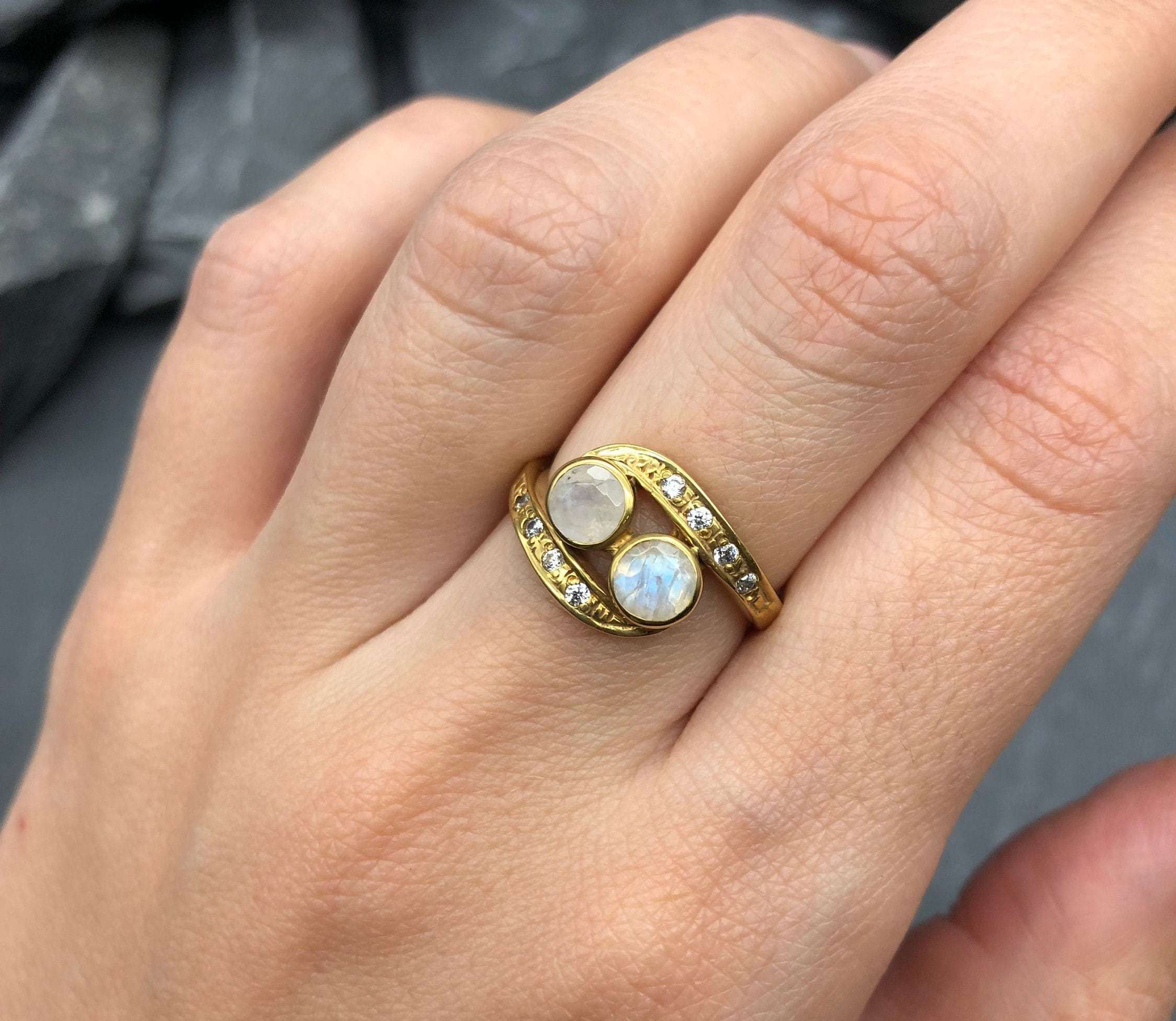 Gold Moonstone Ring, Natural Rainbow Moonstone, Bypass Ring, Christmas Gift Ring, Antique Ring, Two Stone Ring, Vintage Ring, Gold Vermeil