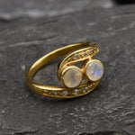 Gold Moonstone Ring, Natural Rainbow Moonstone, Bypass Ring, Christmas Gift Ring, Antique Ring, Two Stone Ring, Vintage Ring, Gold Vermeil