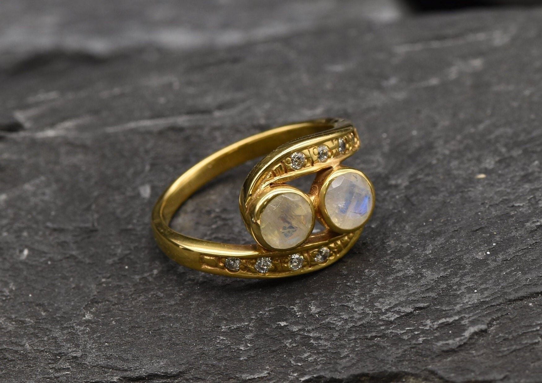 Gold Moonstone Ring, Natural Rainbow Moonstone, Bypass Ring, Christmas Gift Ring, Antique Ring, Two Stone Ring, Vintage Ring, Gold Vermeil