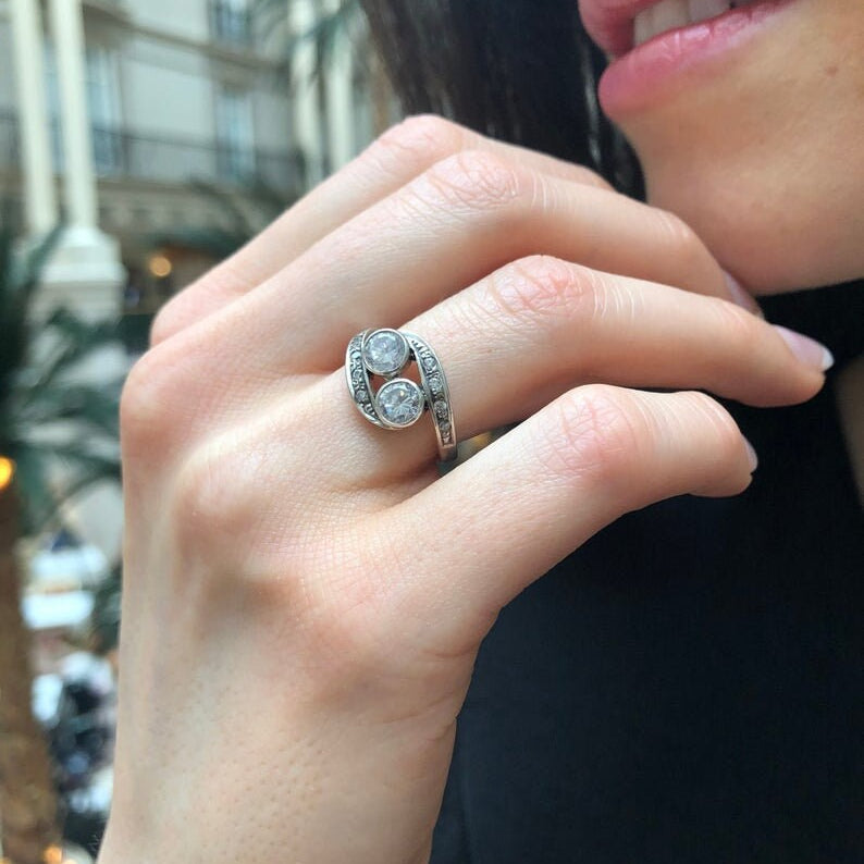 Gold Moonstone Ring, Natural Rainbow Moonstone, Bypass Ring, Christmas Gift Ring, Antique Ring, Two Stone Ring, Vintage Ring, Gold Vermeil(2)