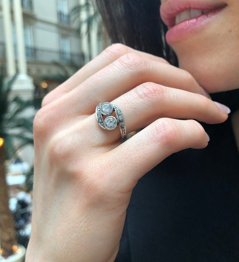 Gold Moonstone Ring, Natural Rainbow Moonstone, Bypass Ring, Christmas Gift Ring, Antique Ring, Two Stone Ring, Vintage Ring, Gold Vermeil(2)