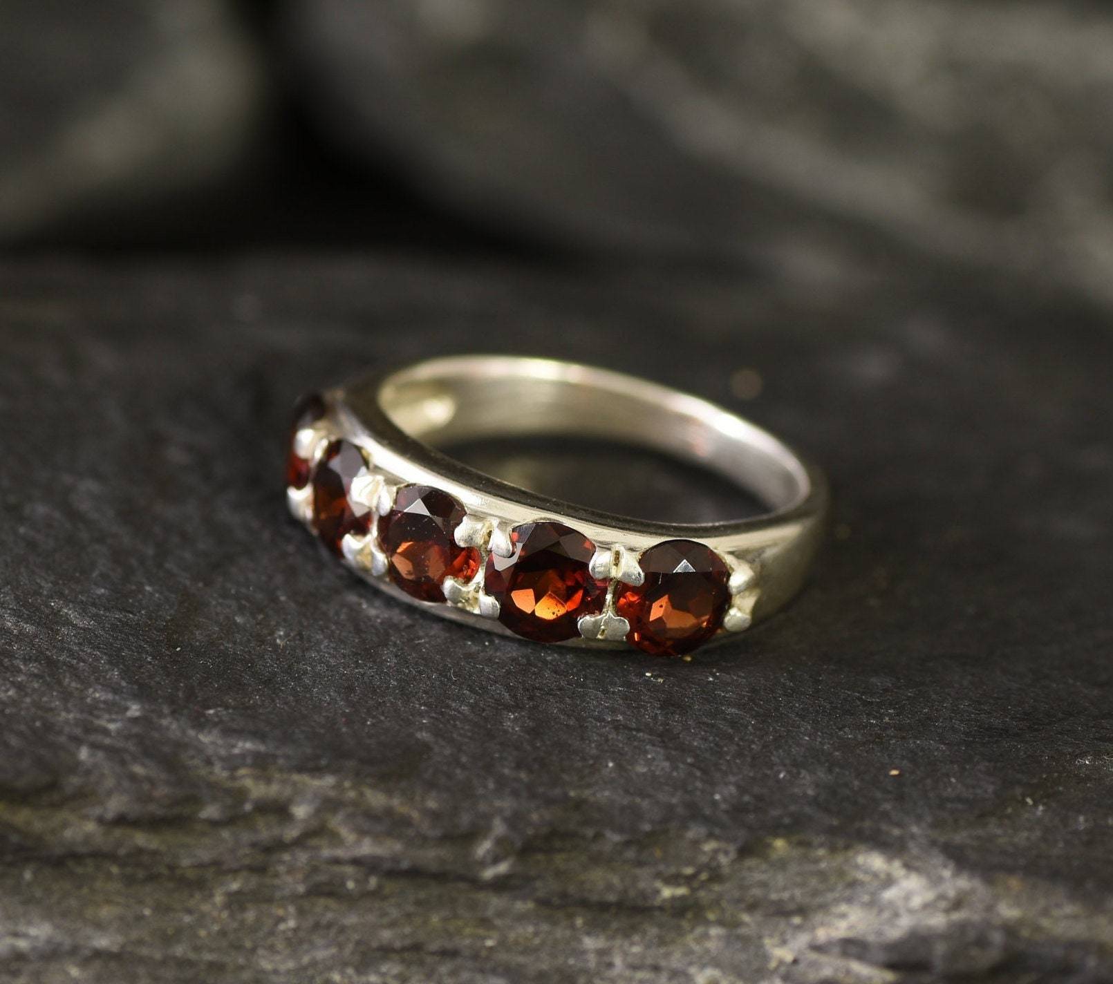Wide Garnet Ring, Sturdy Band, Natural Garnet, January Birthstone, Red Stackable Ring, Thick Ring, Half Eternity Band, Solid Silver Ring