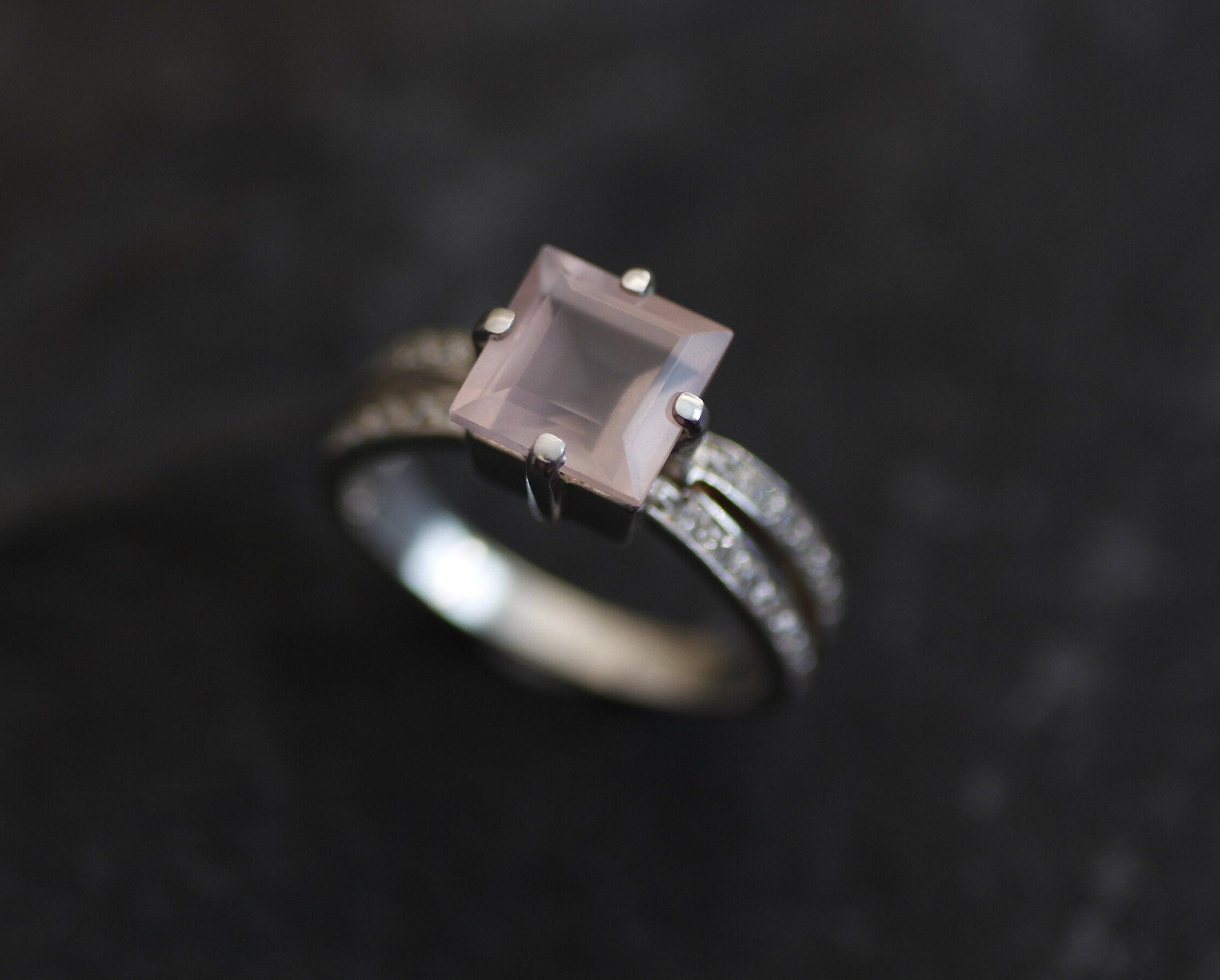 Pink Engagement Ring, Natural Rose Quartz, Antique Ring, Princess Cut Ring, Promise Ring, Solitaire Ring, 3 Carat Ring, Sterling Silver Ring