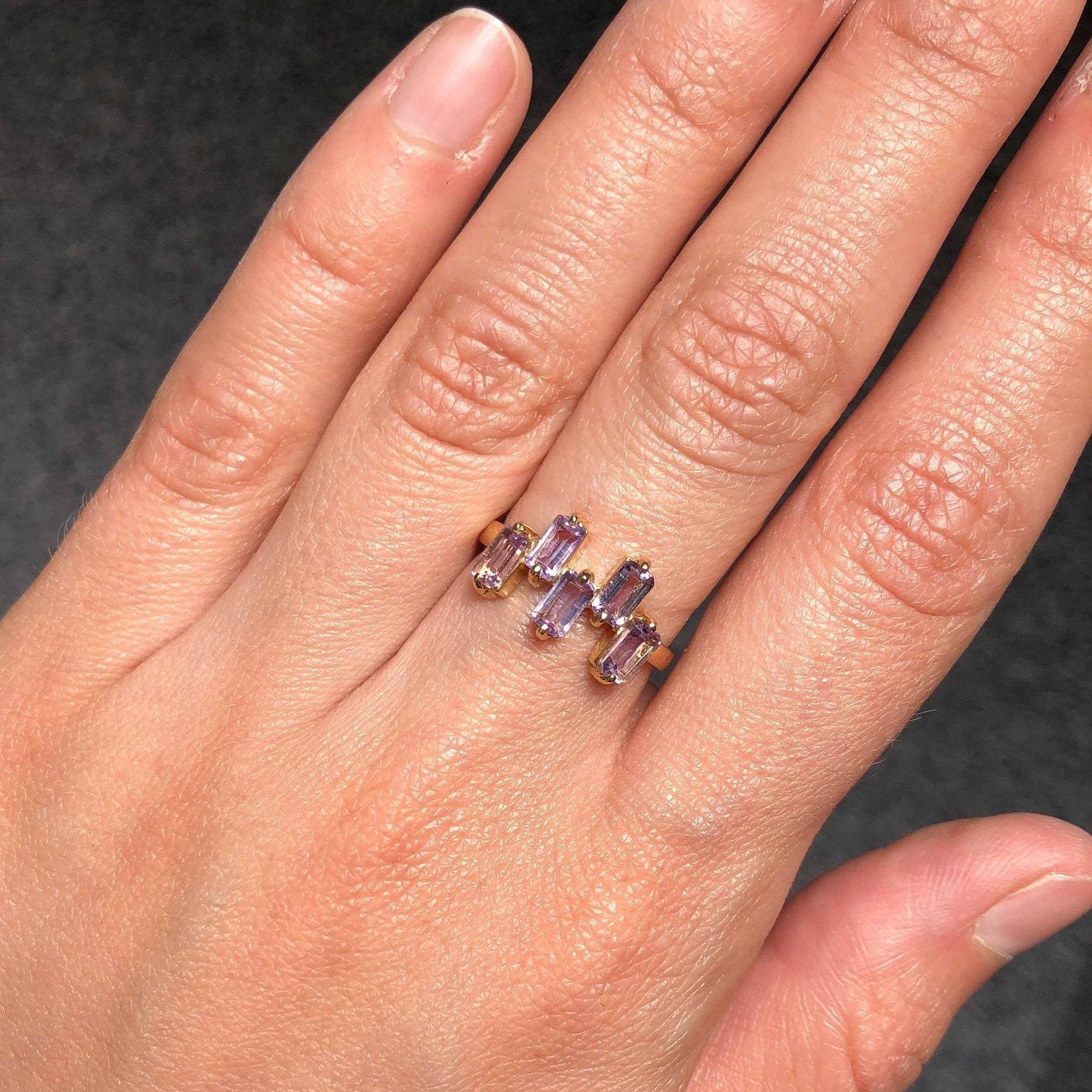 Gold Amethyst Ring, Baguette Band, Natural Amethyst, Stackable Ring, February Birthstone, Purple Band, Asymmetric Ring, Gold Vermeil Ring