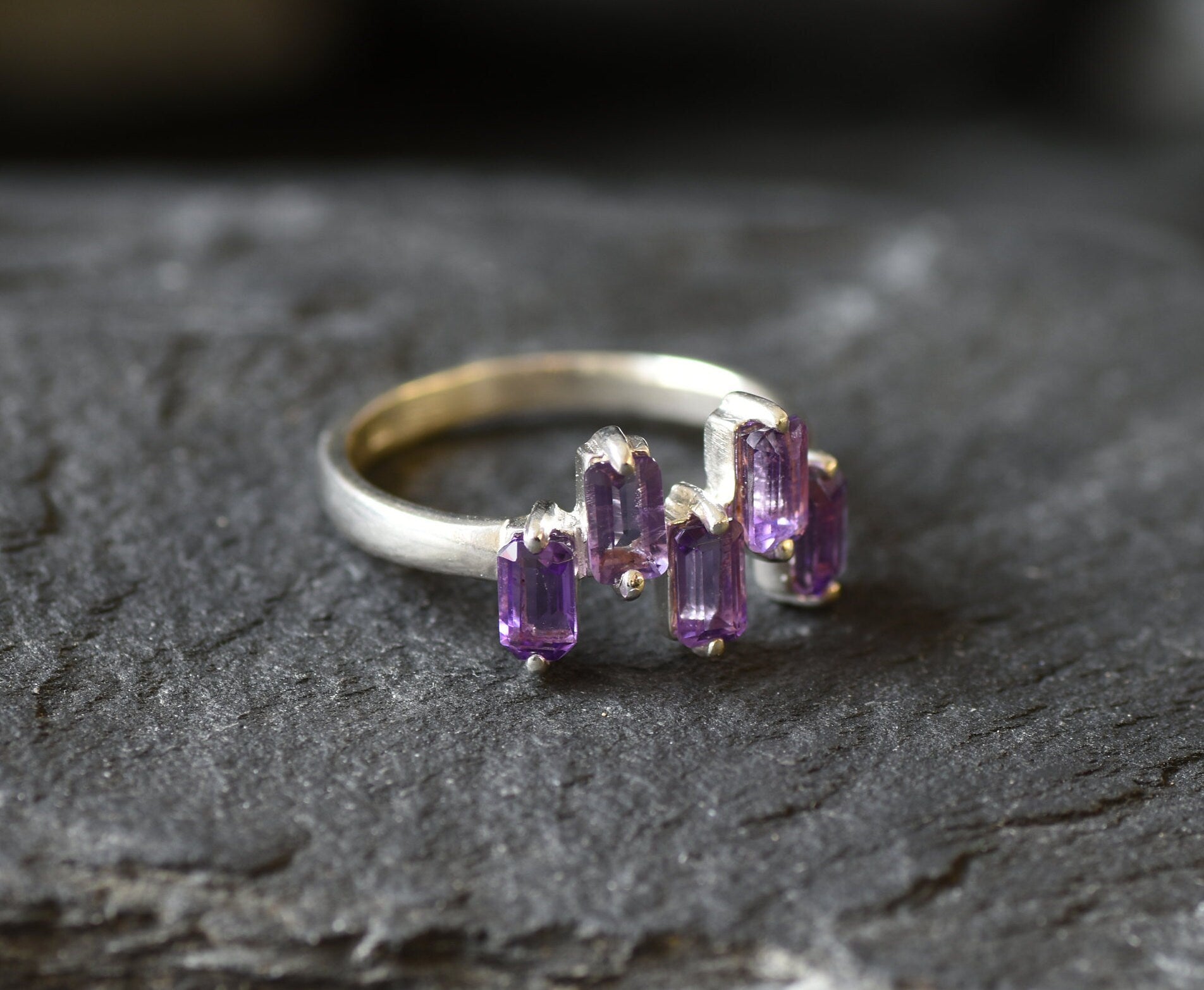 Gold Amethyst Ring, Baguette Band, Natural Amethyst, Stackable Ring, February Birthstone, Purple Band, Asymmetric Ring, Gold Vermeil Ring(2)