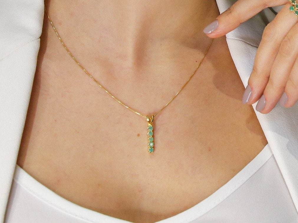 Created Emerald Pendant in Rose Gold Vermeil, featuring Channel-Set Round Green Emerald, perfect for birthdays and special occasions.