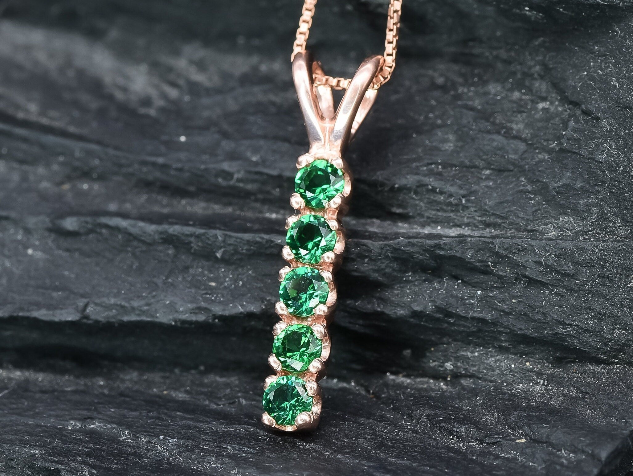 Created Emerald Pendant made in Rose Gold Vermeil with Round Created Green Emerald in Channel-Set setting, May Birthstone gift idea, symbolizes, ideal for everyday wear and perfect for birthday gifting and special occasions.