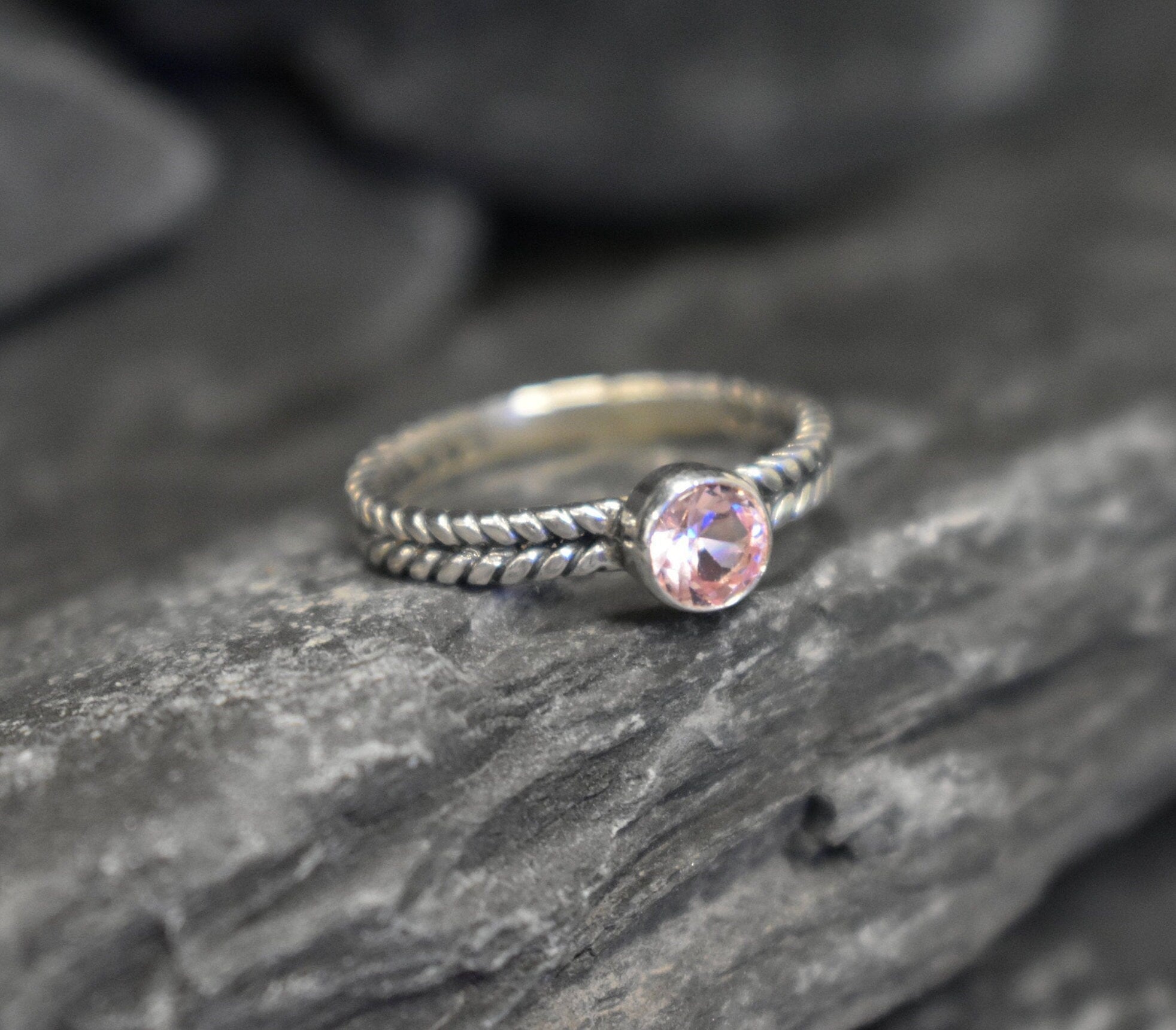 Morganite Ring, Crated Morganite, Pink Morganite Ring, Silver Braided Band, Pink Diamond Ring, VintageRing, Solitaire Ring, 925 Silver Ring