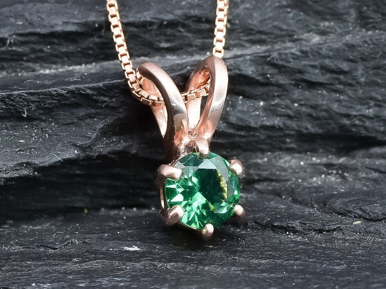 Created Emerald Pendant made in Rose Gold Vermeil with Round Created Green Emerald in Solitaire setting, May Birthstone gift idea, symbolizes, ideal for everyday wear and perfect for birthday gifting and special occasions.