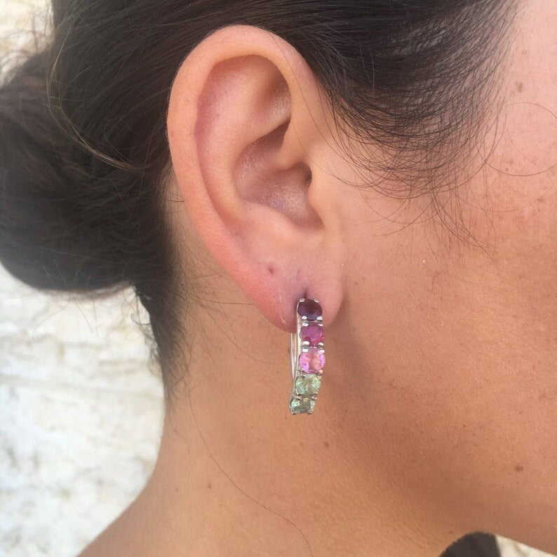 Tourmaline Earrings, Natural Tourmaline, October Birthstone, Long Studs, Gemstone Earrings, Half Hoops, Hoop Earrings, Solid Silver Earrings