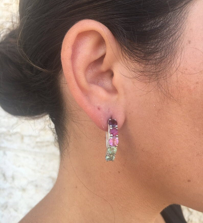 Tourmaline Earrings, Natural Tourmaline, October Birthstone, Long Studs, Gemstone Earrings, Half Hoops, Hoop Earrings, Solid Silver Earrings