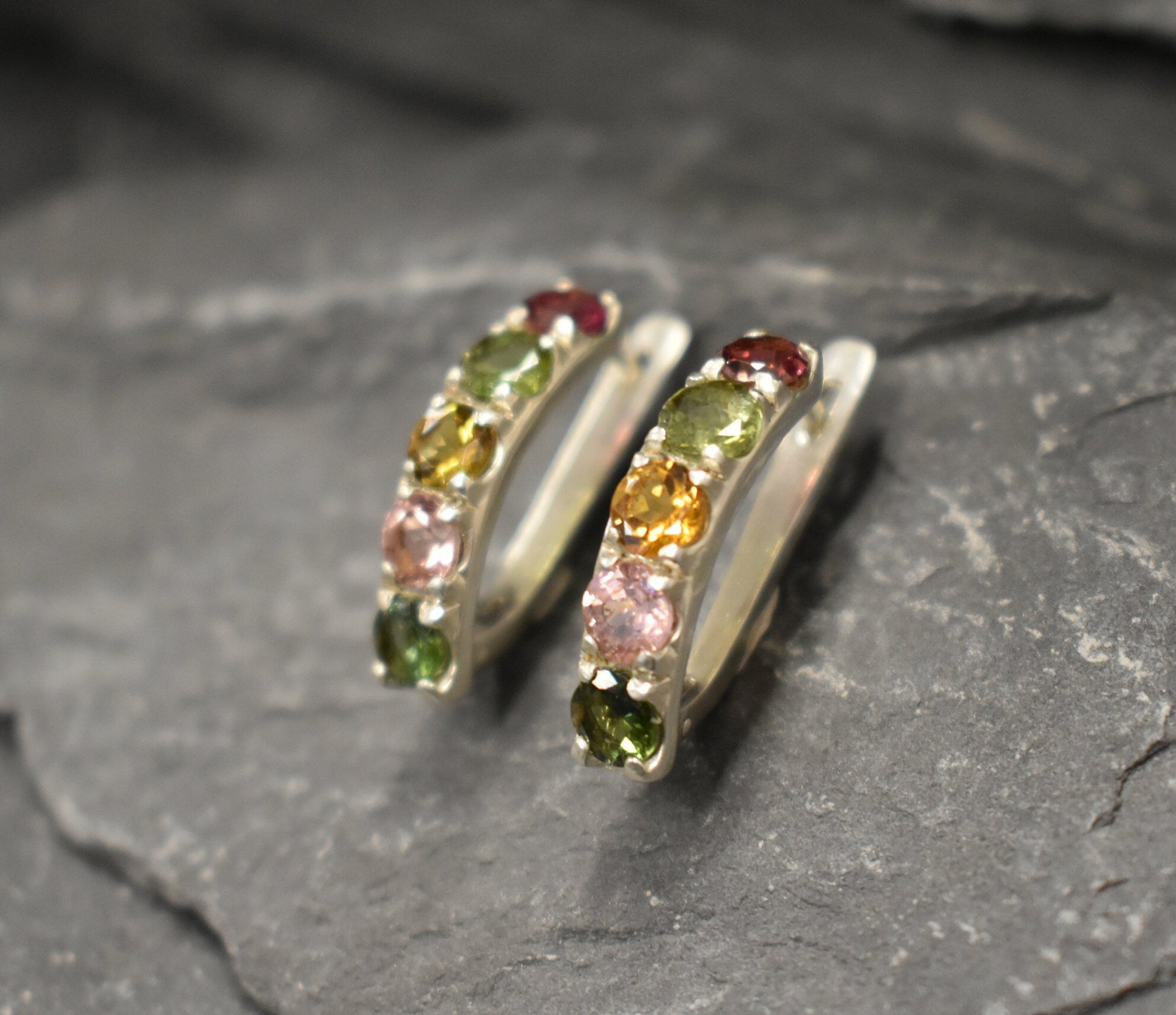 Tourmaline Earrings, Natural Tourmaline, October Birthstone, Long Studs, Gemstone Earrings, Half Hoops, Hoop Earrings, Solid Silver Earrings