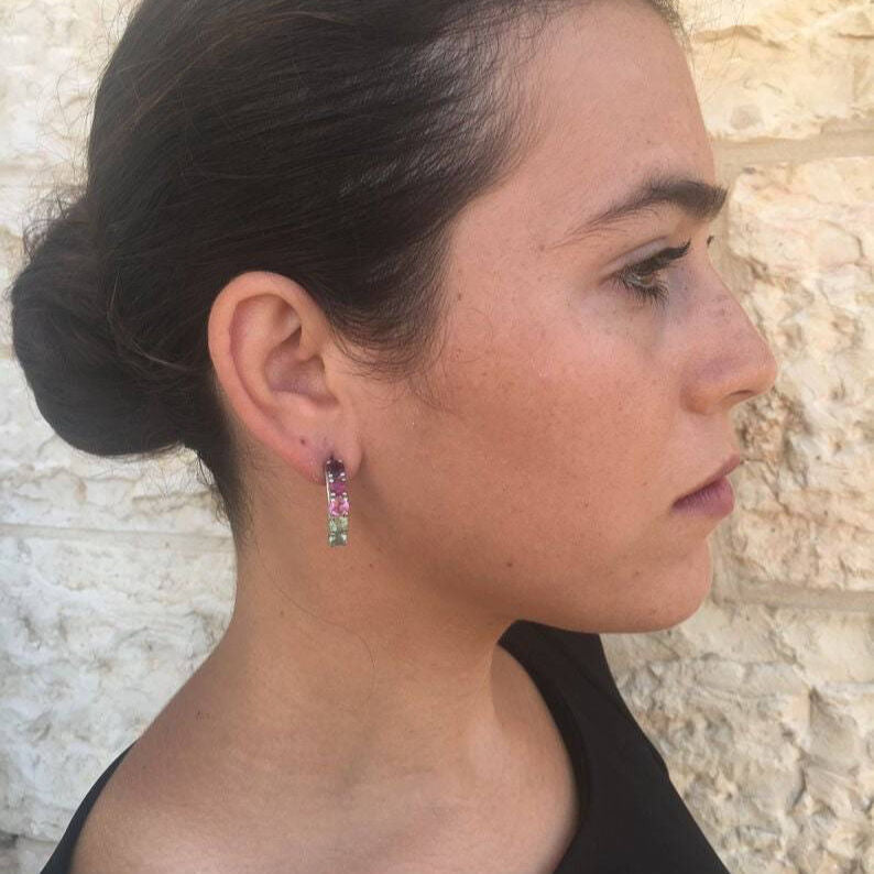 Mutistone Earrings, Colorful Earrings, Statement Studs, Long Gemstone Earrings, Half Hoops, 925 Silver Earrings, Citrine, Amethyst, Peridot