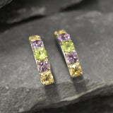 Mutistone Earrings, Colorful Earrings, Statement Studs, Long Gemstone Earrings, Half Hoops, 925 Silver Earrings, Citrine, Amethyst, Peridot