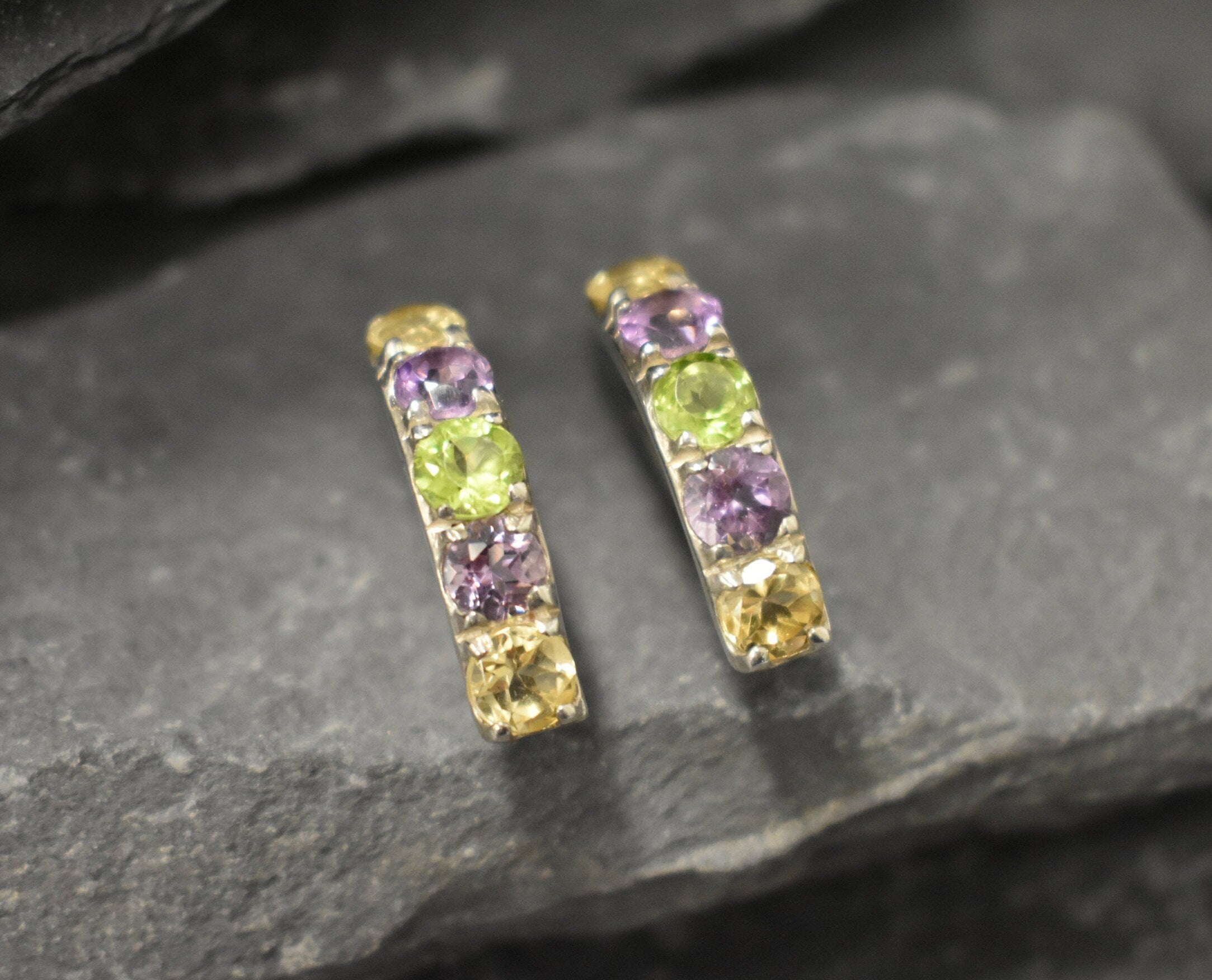 Mutistone Earrings, Colorful Earrings, Statement Studs, Long Gemstone Earrings, Half Hoops, 925 Silver Earrings, Citrine, Amethyst, Peridot