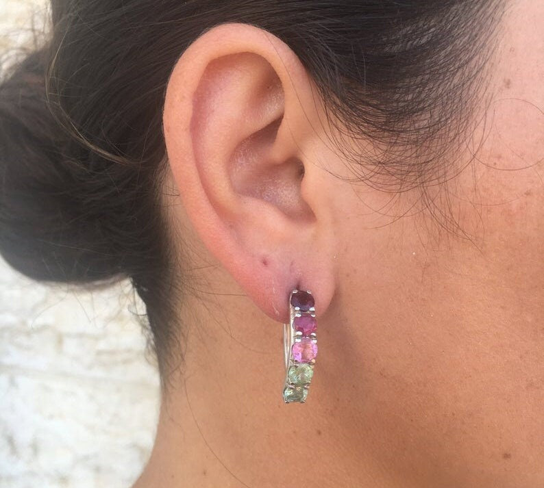 Mutistone Earrings, Colorful Earrings, Statement Studs, Long Gemstone Earrings, Half Hoops, 925 Silver Earrings, Citrine, Amethyst, Peridot