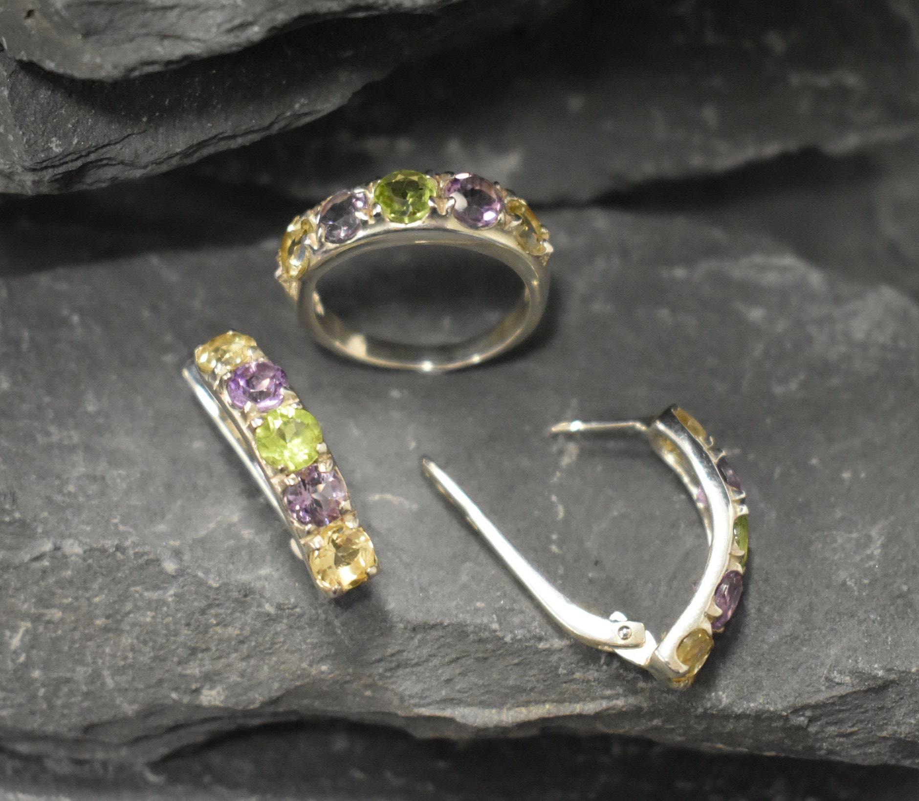 Mutistone Earrings, Colorful Earrings, Statement Studs, Long Gemstone Earrings, Half Hoops, 925 Silver Earrings, Citrine, Amethyst, Peridot