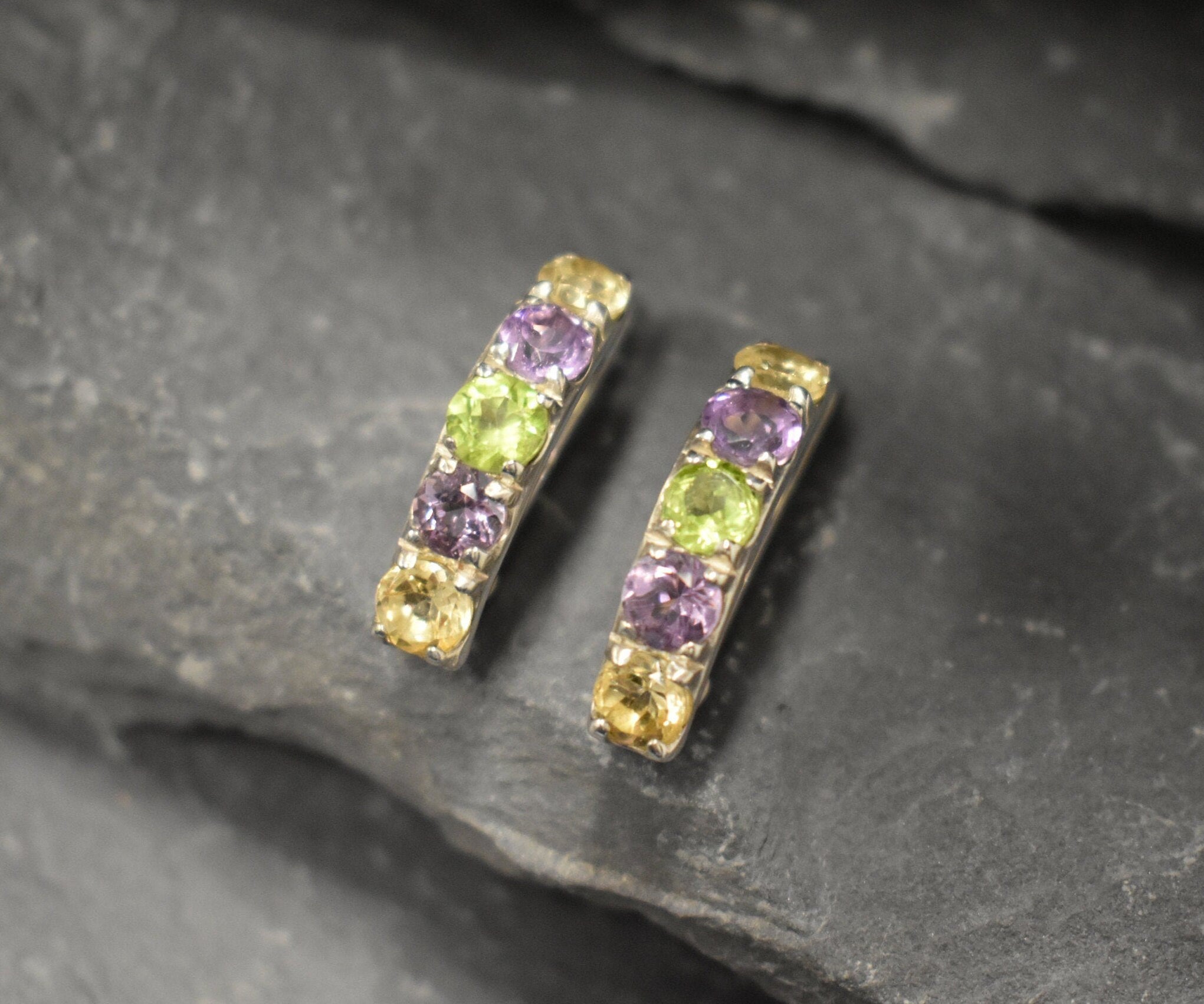 Mutistone Earrings, Colorful Earrings, Statement Studs, Long Gemstone Earrings, Half Hoops, 925 Silver Earrings, Citrine, Amethyst, Peridot