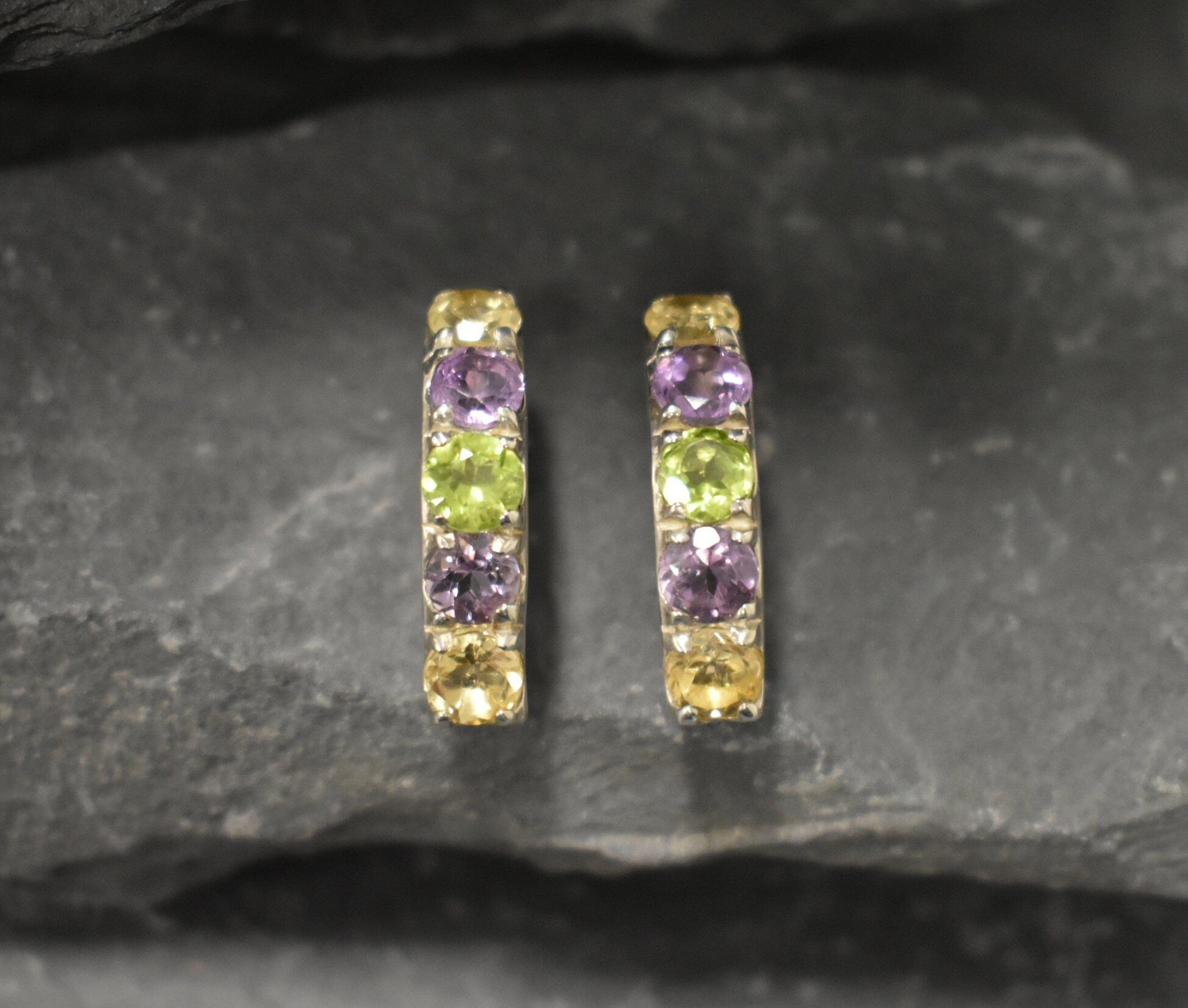 Mutistone Earrings, Colorful Earrings, Statement Studs, Long Gemstone Earrings, Half Hoops, 925 Silver Earrings, Citrine, Amethyst, Peridot