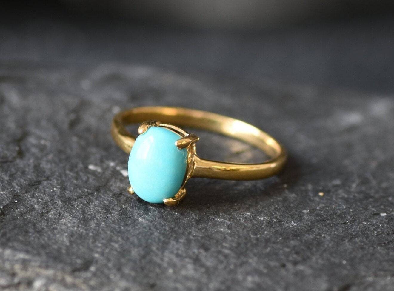 Gold Turquoise Ring, Natural Turquoise, Dainty Blue Ring, December Birthstone, 2 Carat Ring, Solitaire Ring, Gold Vermeil, Arizona Turquoise