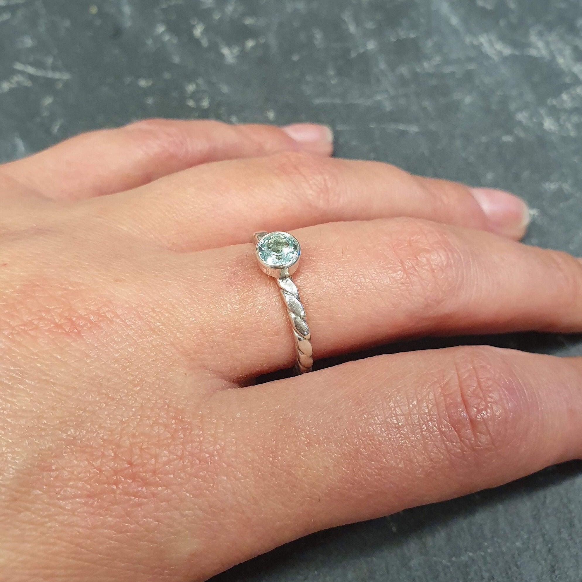 Aqua Ring, Created Aquamarine, Solitaire Ring, Dainty Ring, Sky Blue Ring, Stackable Ring, Blue Ring, Intertwined Rope Band, 925 Silver Ring