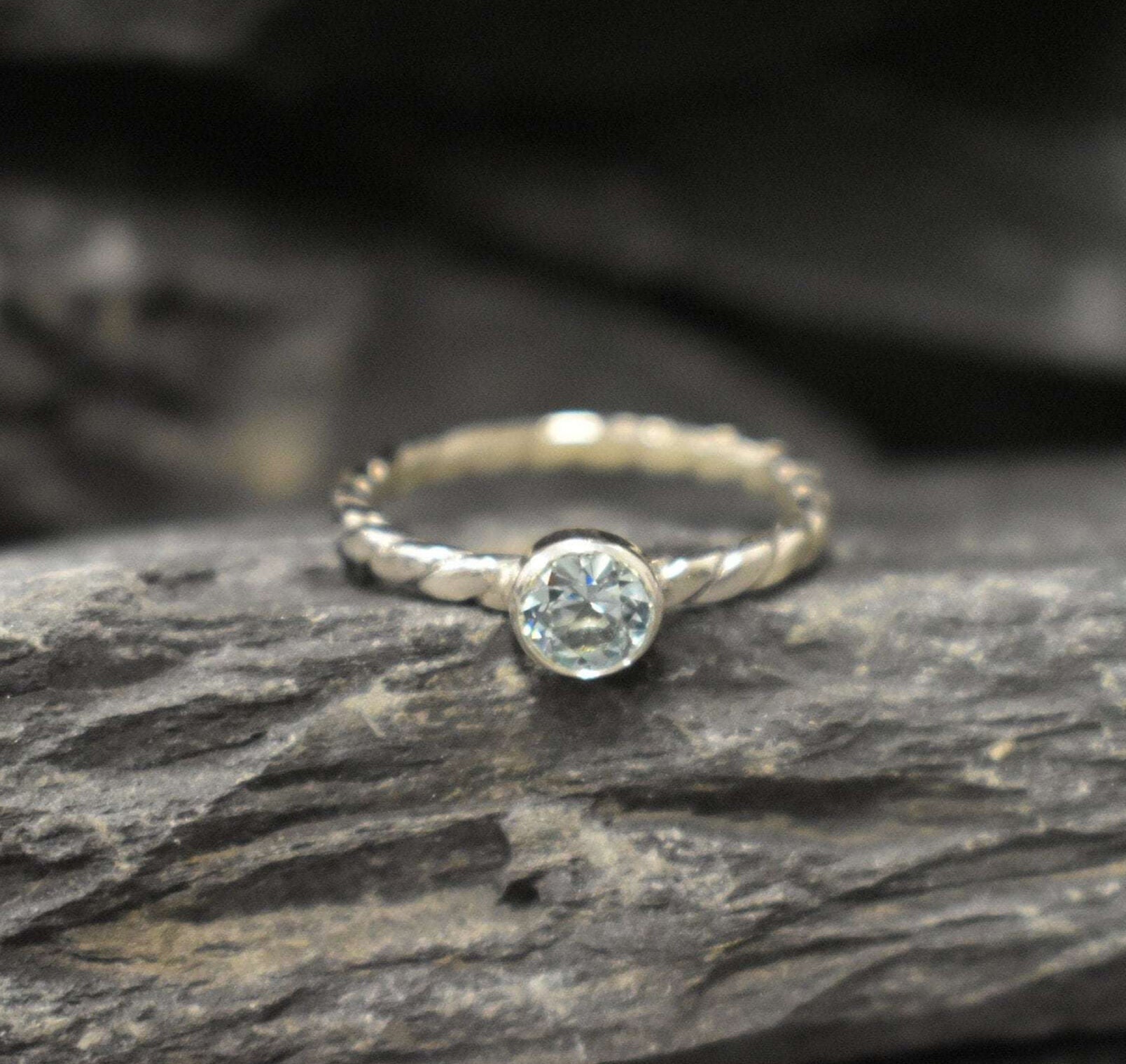 Aqua Ring, Created Aquamarine, Solitaire Ring, Dainty Ring, Sky Blue Ring, Stackable Ring, Blue Ring, Intertwined Rope Band, 925 Silver Ring