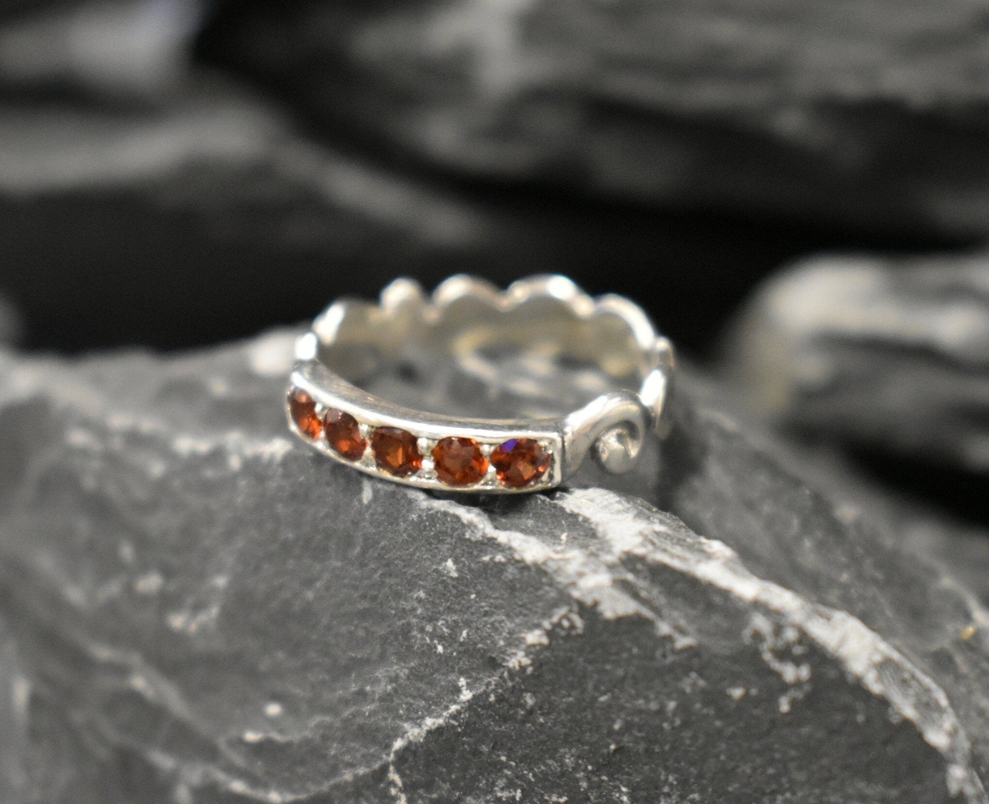 Garnet Band, Natural Garnet, January Birthstone, Half Eternity Ring, Red Diamond Ring, Wave Band, Stackable Ring, Red Ring, 925 Silver Ring