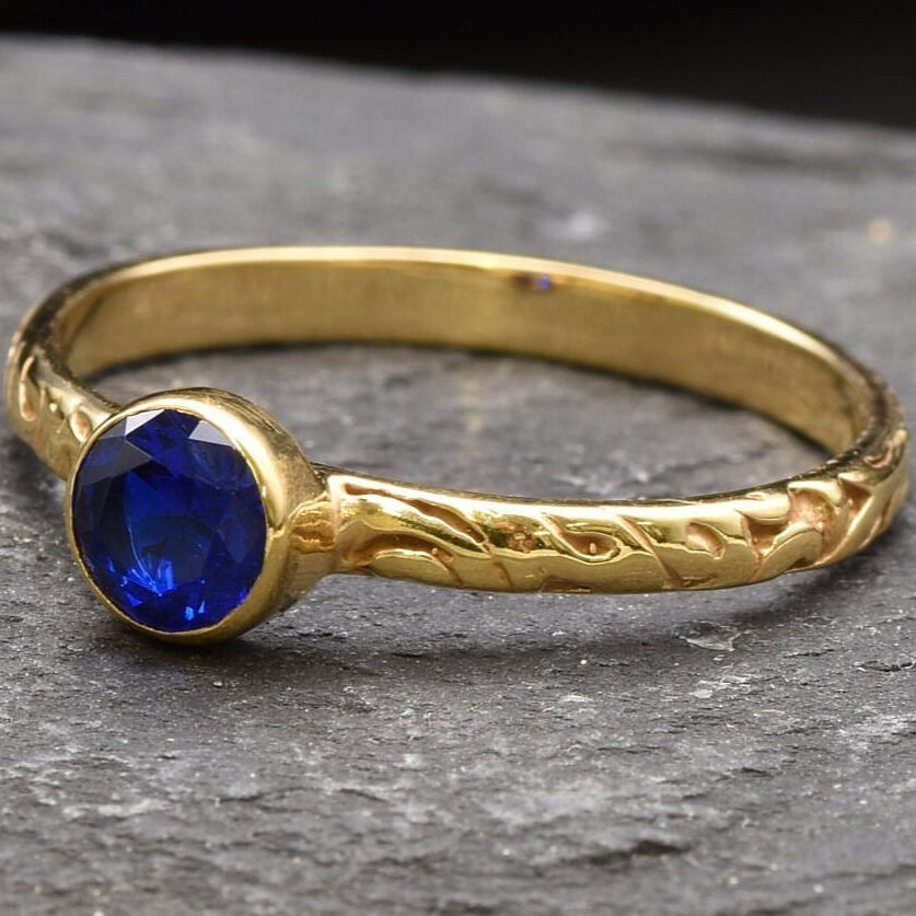 Created Sapphire Ring in 18k Gold Vermeil; a timeless September birthstone piece, perfect for daily wear and special celebrations.