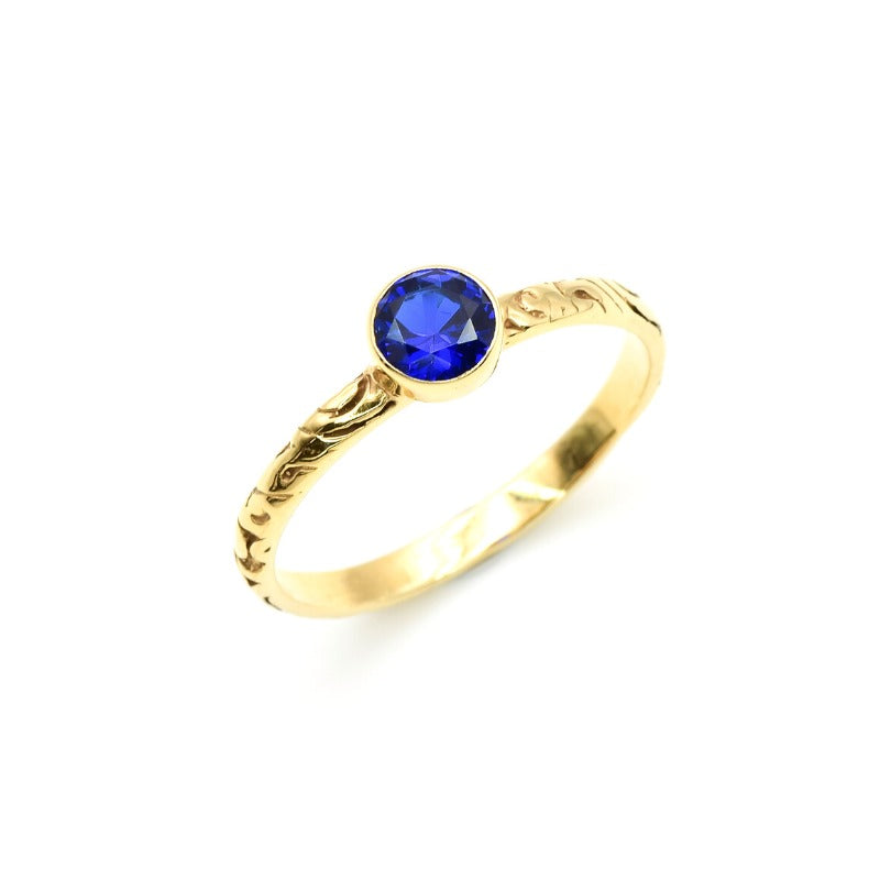 Created Sapphire Ring made in 18k Gold Vermeil with Round Created Blue Sapphire in Bezel setting, September Birthstone gift idea, symbolizes sincerity, truth, and faithfulness, ideal for everyday wear and perfect for birthday gifting and special occasions.
