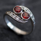Two Stone Garnet Gold Ring, Natural Garnet Ring, January Birthstone Ring