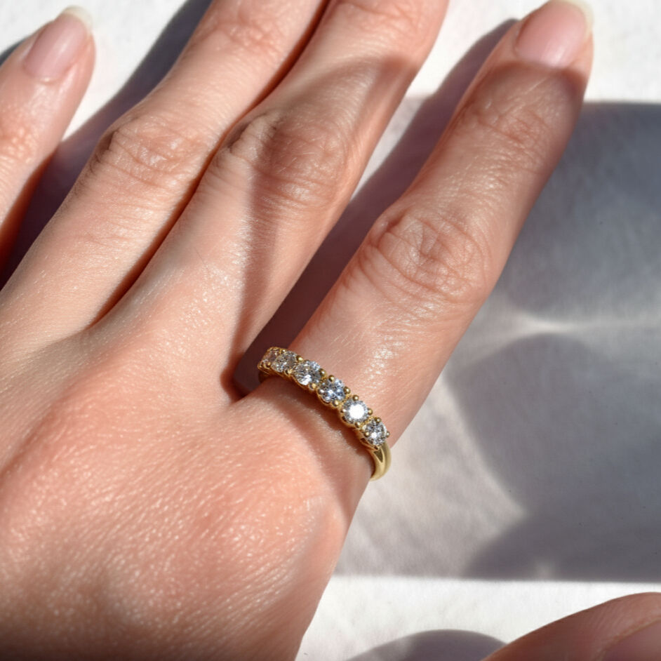 Gold Stackable Ring - White Topaz Half Eternity Band in 18k Gold Vermeil, perfect for any occasion or as a thoughtful gift.