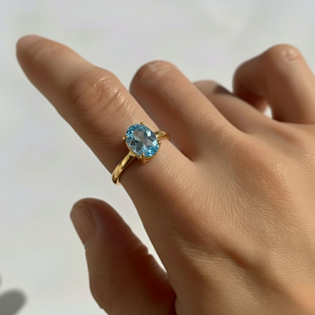 Elegant Blue Topaz Gold Ring in 18k Gold Vermeil, perfect for December birthdays and everyday elegance.