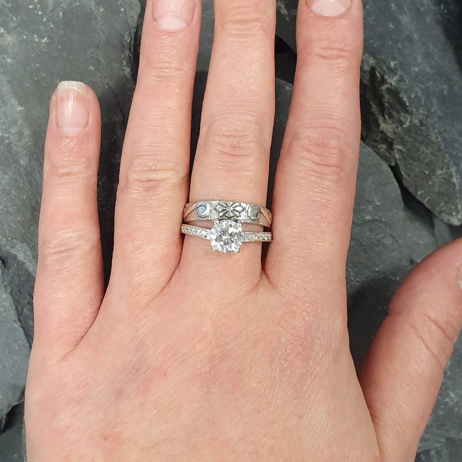 CZ Ring, Created Diamond, Double Band Ring, Diamond Ring, CZ Double Band, Vintage Ring, Sparkly Ring, Wide Band Ring, Solid Silver Ring, CZ